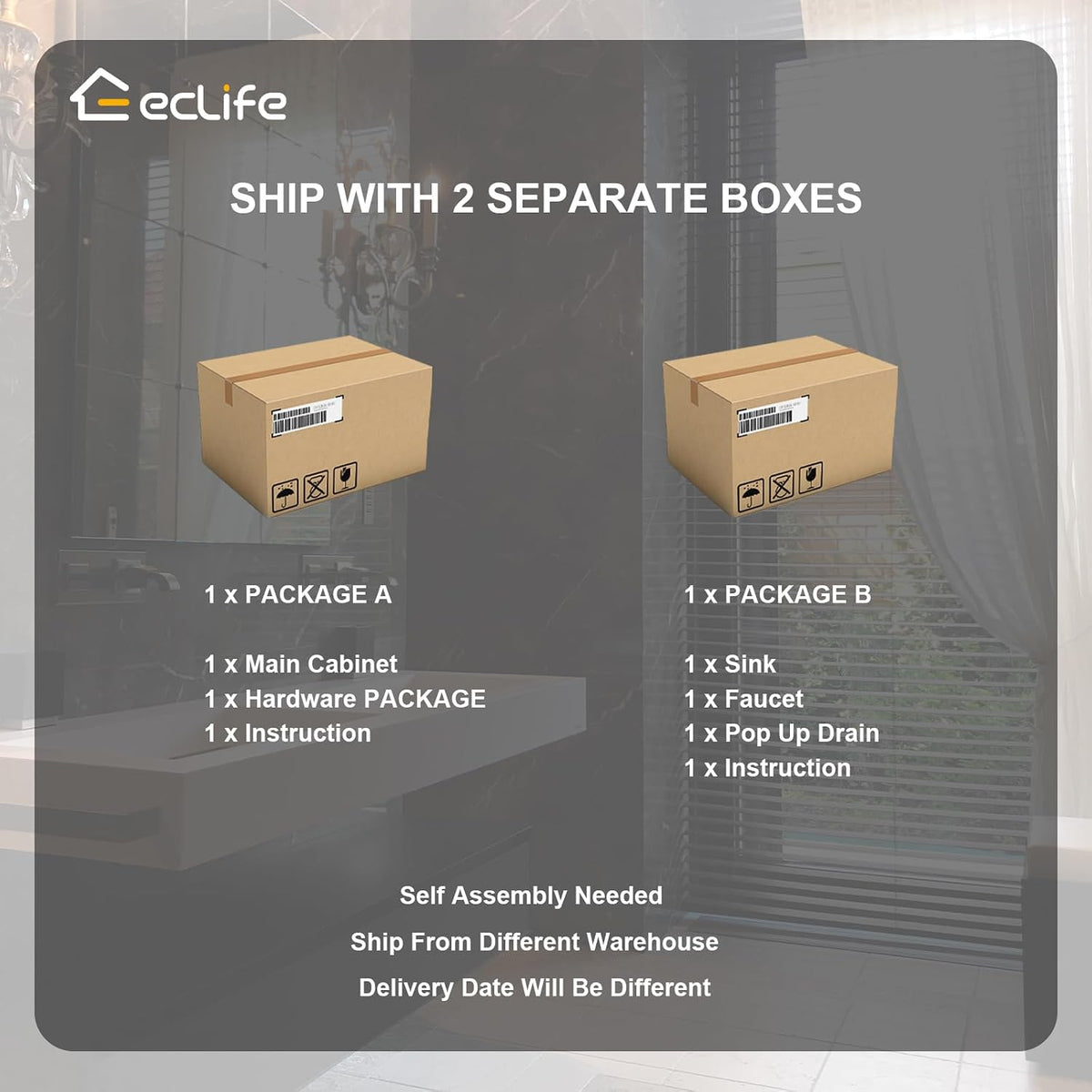 Graphic showing two cardboard shipping boxes side by side with item lists beneath each box.