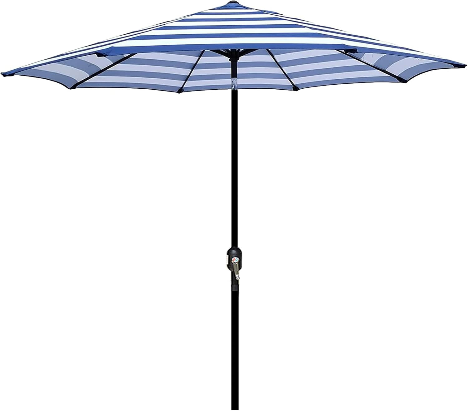 Front view of a blue and white striped patio umbrella with black ribs and pole