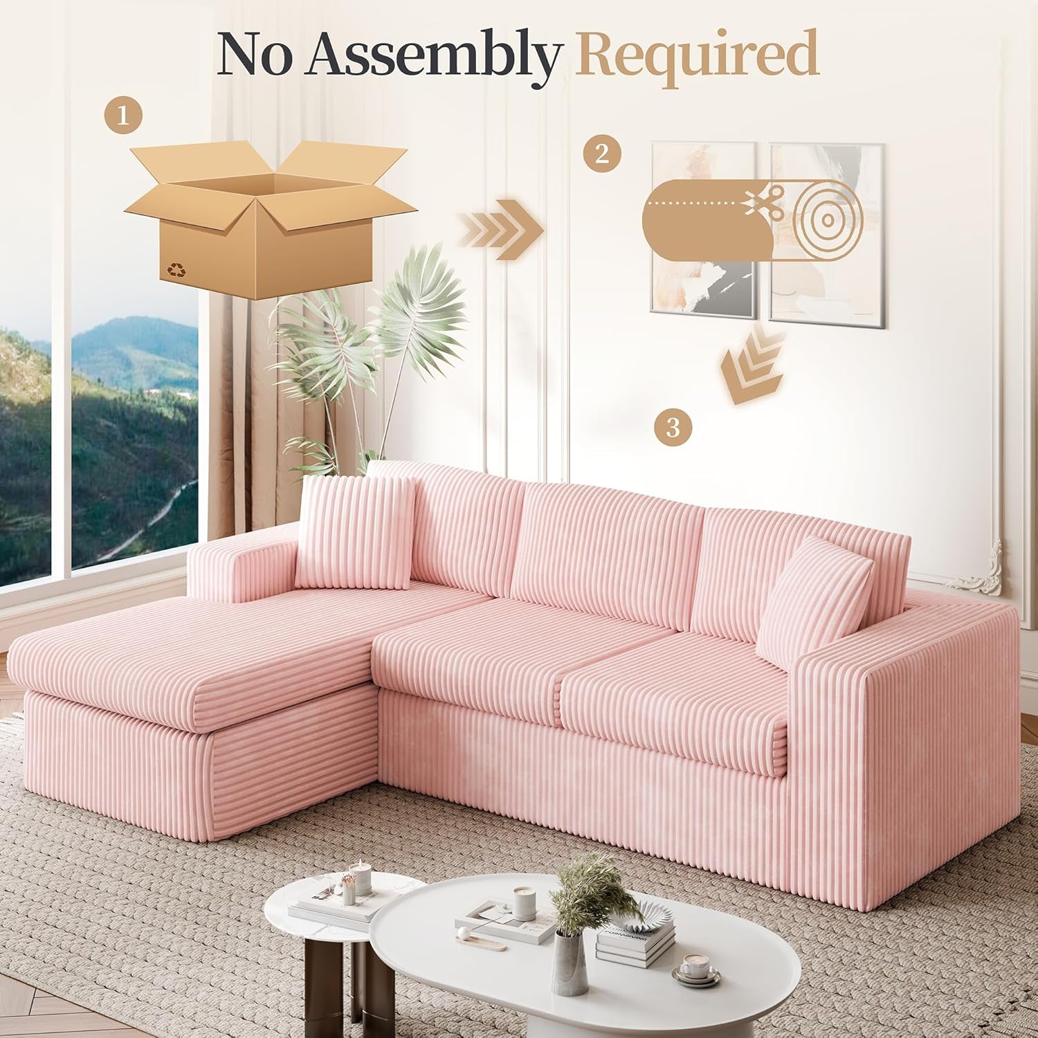 105" Boneless Couches for Living Room, Sectional Couches Modular Sofa with L-Shaped Chaise, Memory Foam Comfy Cloud Couch with Plush Corduroy Fabric, No Assembly Required, Pink