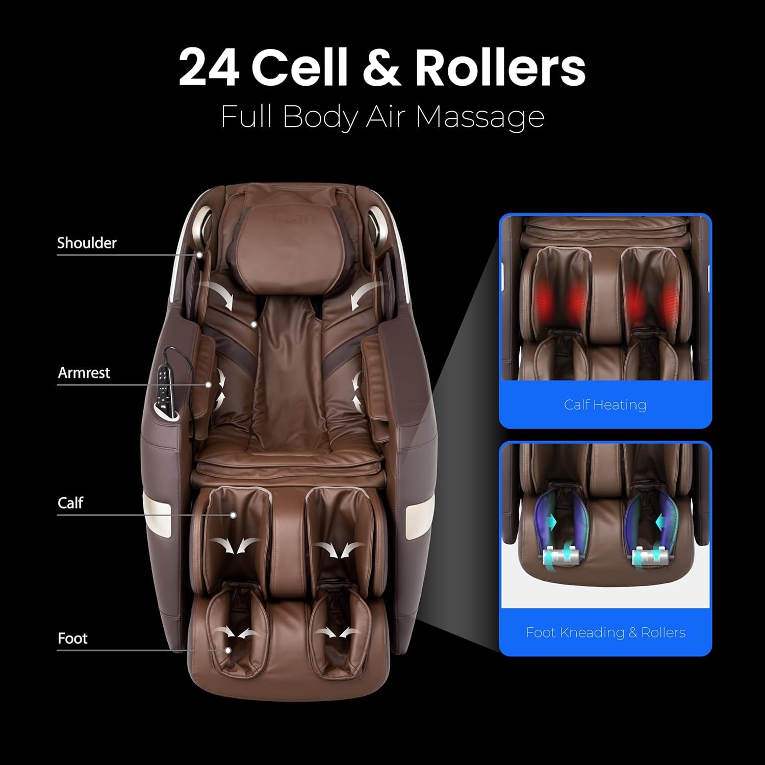 Top-down view of a brown massage chair with labeled shoulder, armrest, calf and foot zones and two zoomed in insets.