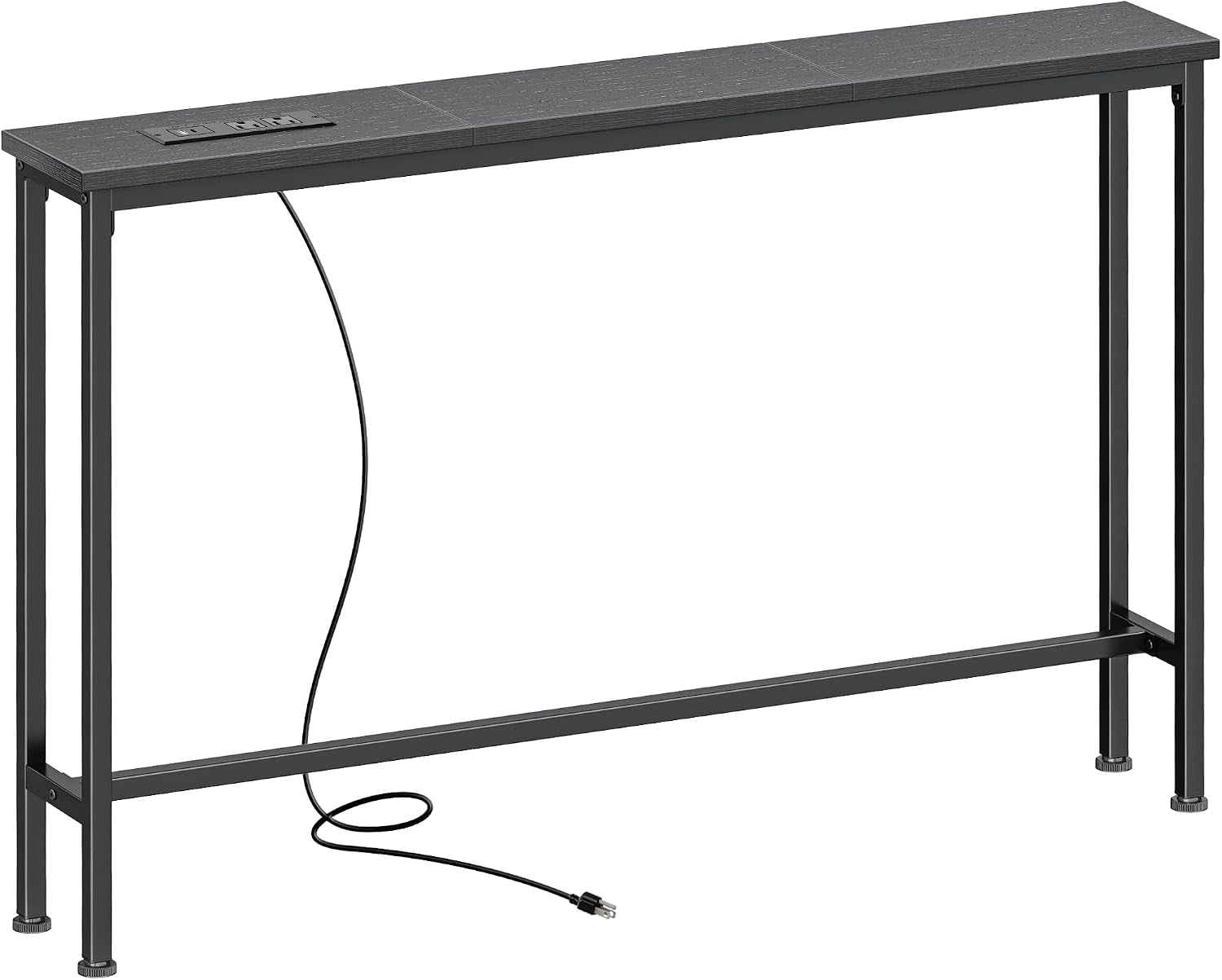 Slim console table with dark black wood-look top and black metal frame shown on white background