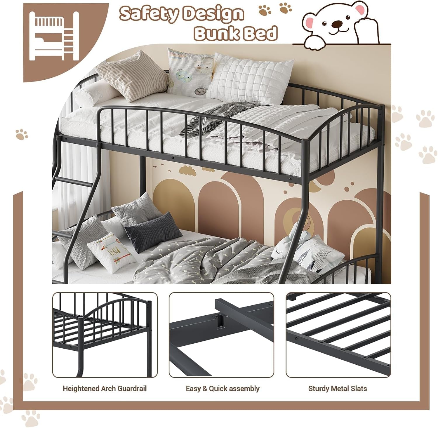 Dark gray metal twin-over-full bunk bed shown in a styled bedroom with three inset close-up feature images.