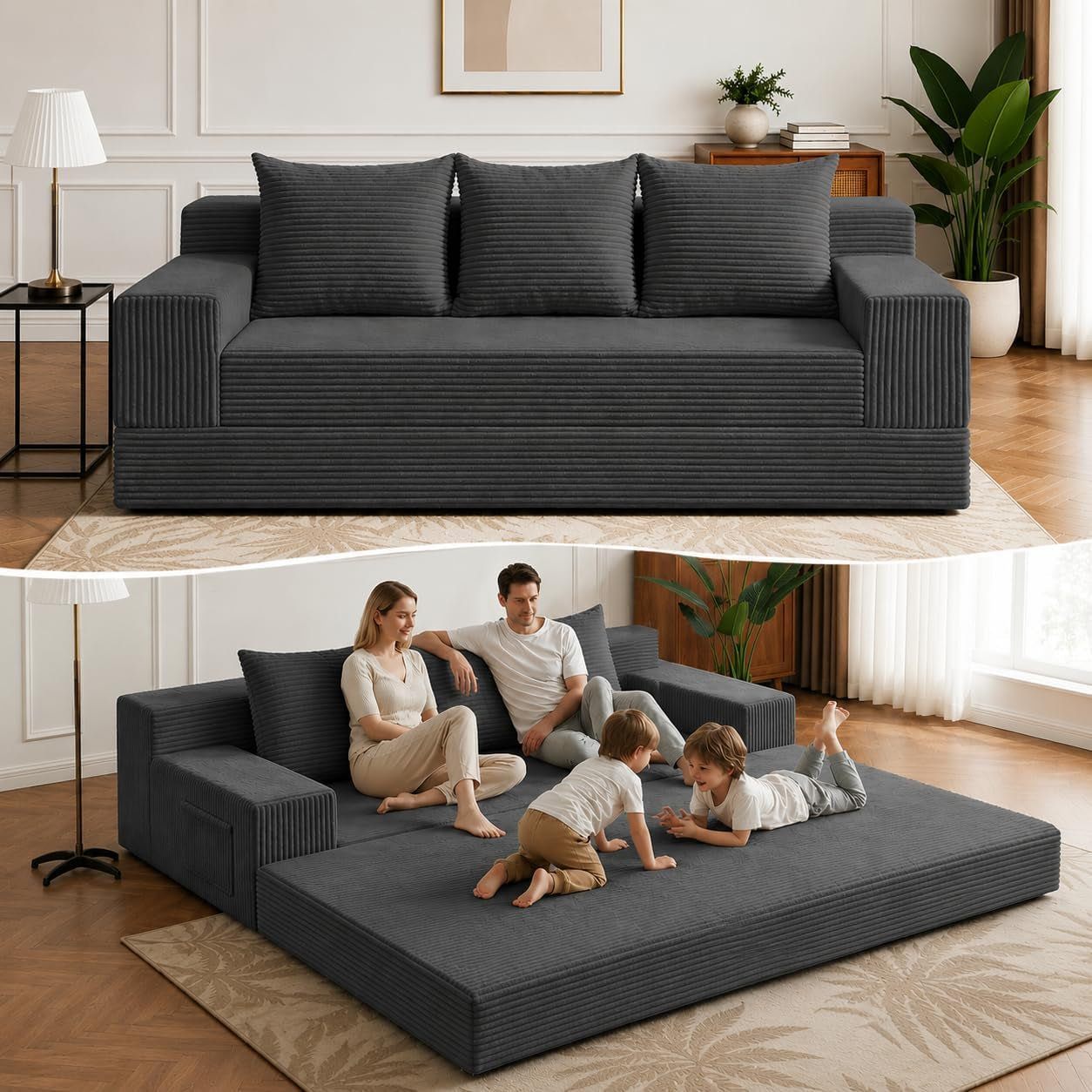 Dark gray corduroy loveseat with three cushions above and family sitting on the expanded bed below.