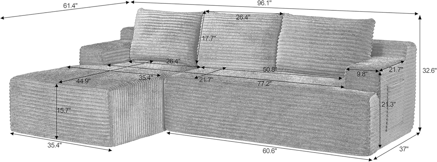 96" L Shaped Cloud Sectional Couch with Chaise, Deep Seat Modular Sectional Sofa Corduroy Memory Foam Sofa Boneless Couches for Living Room Bedroom, No Assembly Required