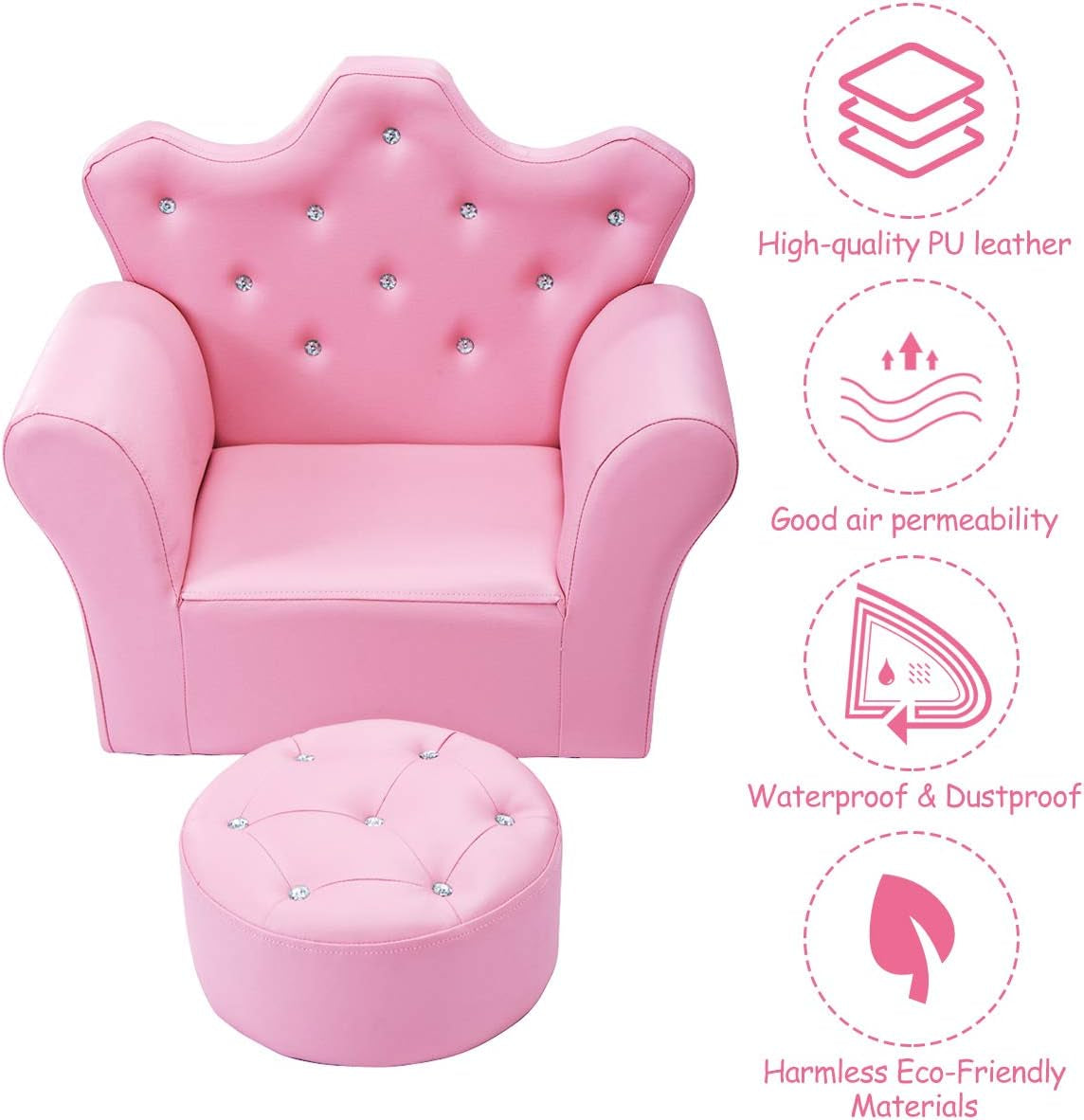 Pink toddler armchair and ottoman against white background with product feature icons to the right