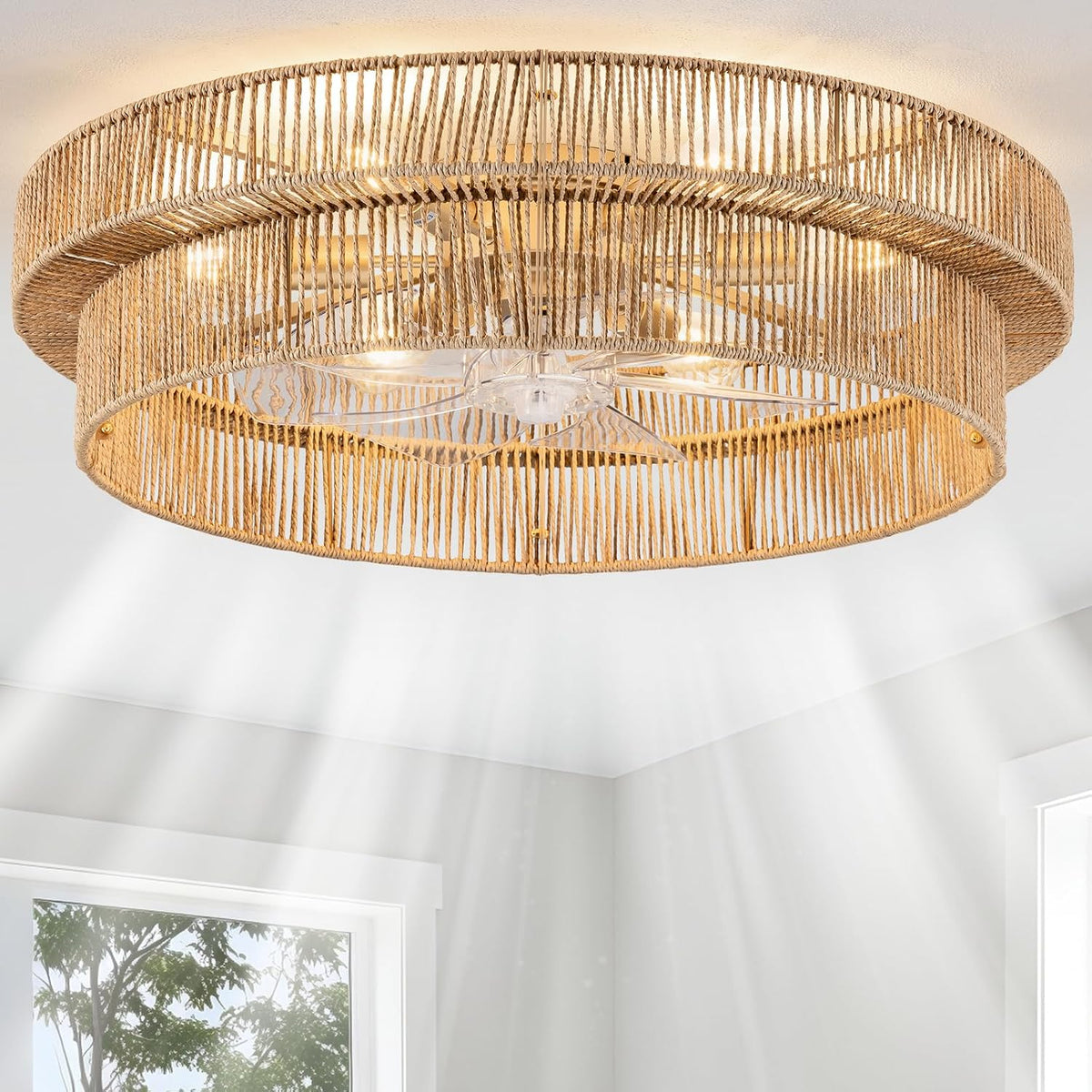 Bottom-up view of a light‑tone rattan cage with transparent fan blades and bright ceiling light rays.