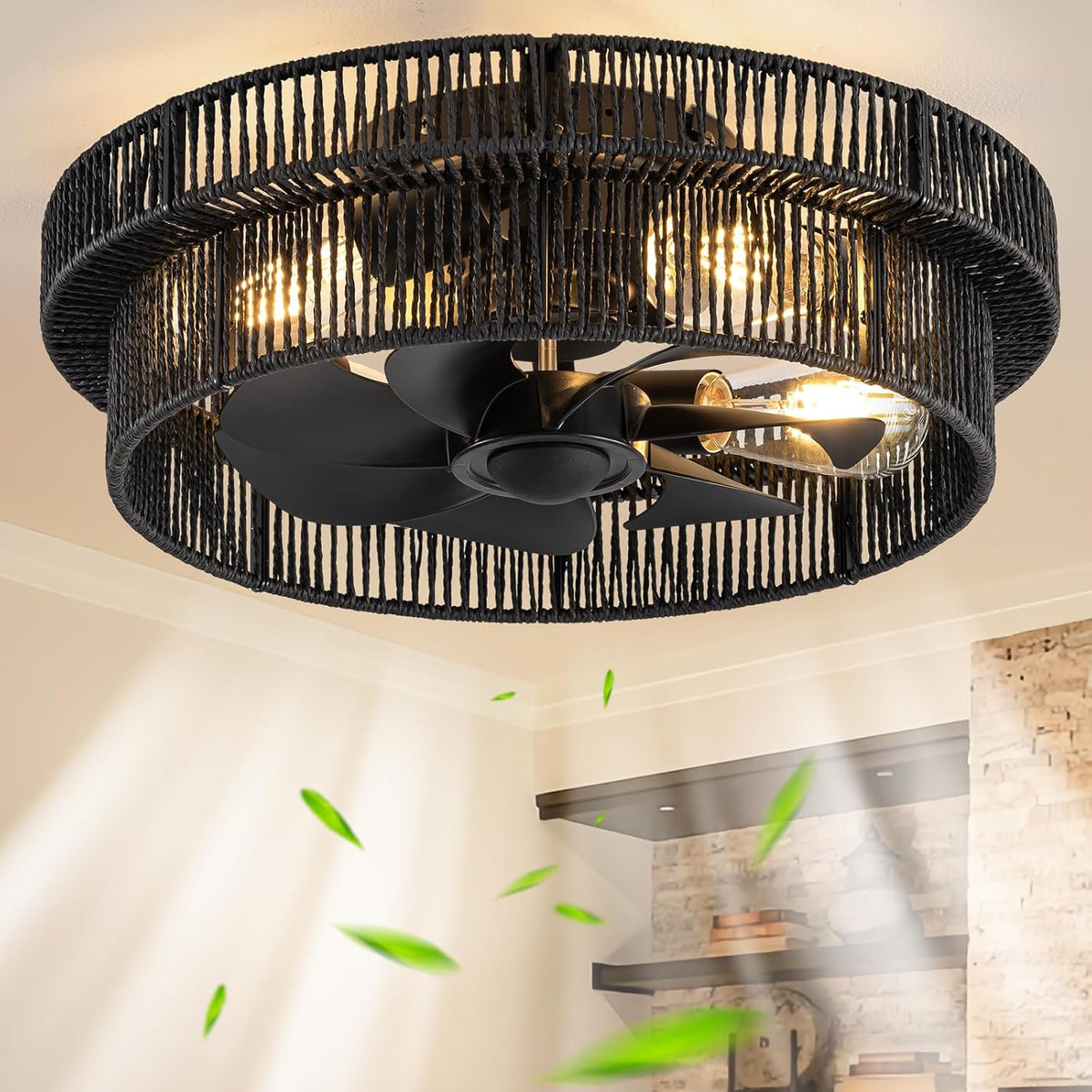 Black flush‑mount rattan fan with blades exposed and light glowing, shown in a living area with green leaf motion accents.