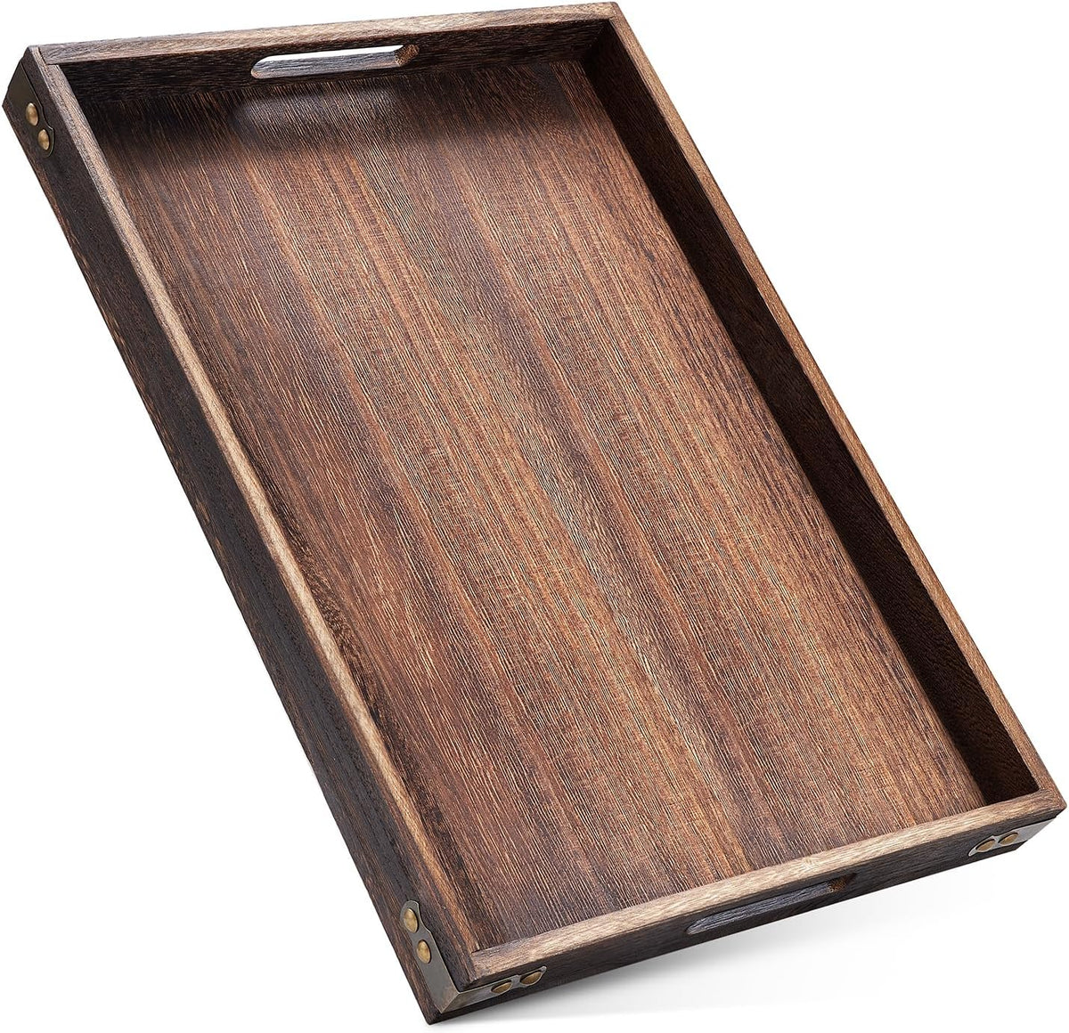 Diagonal studio view of the empty wooden tray highlighting the interior wood grain and shallow raised edges.