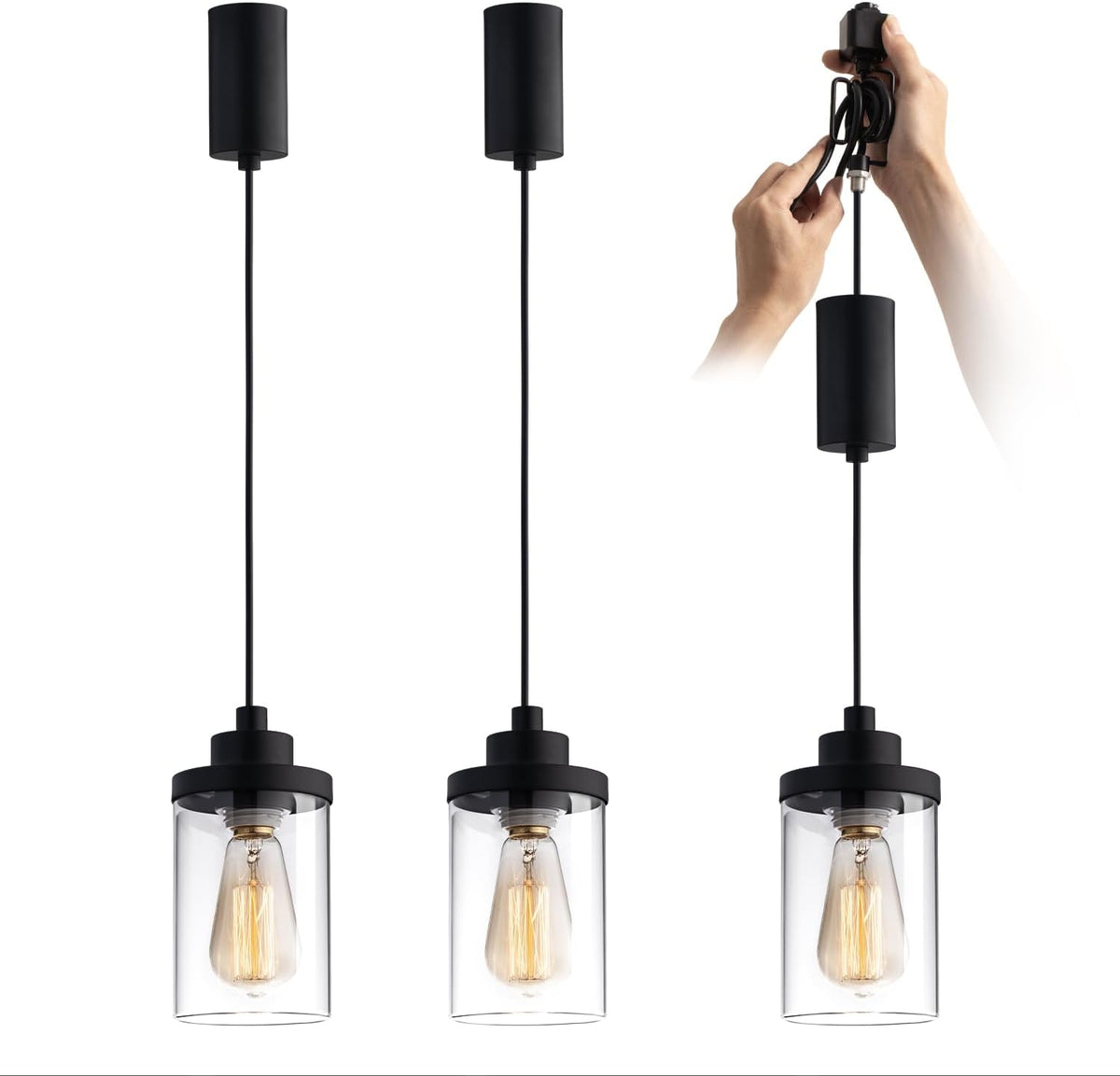 Three black cylindrical pendants with clear glass shades in a row and a close-up of hands attaching a connector