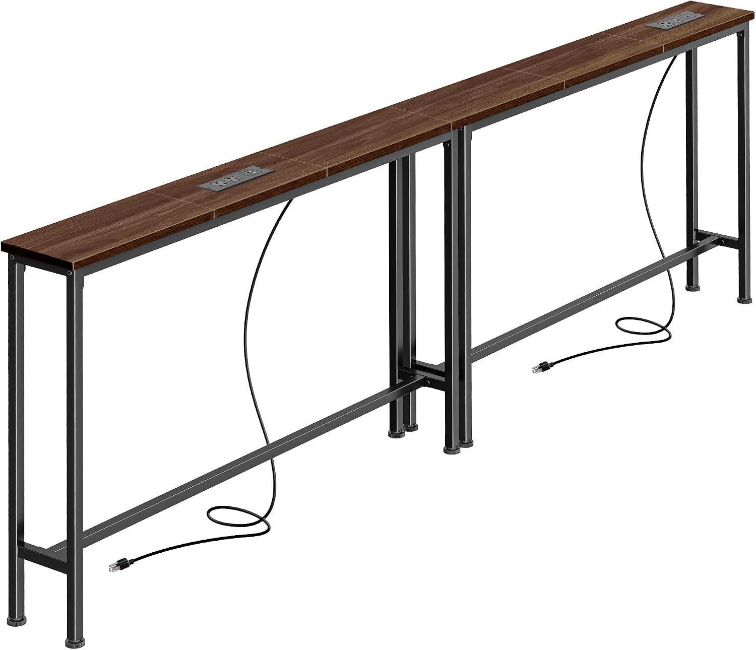 Slim console table shown at an angle with dark brown wood top, black metal legs and power cord.