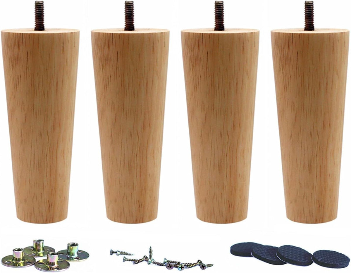 Four natural wood tapered furniture legs shown upright with visible hanger bolts and hardware pieces below