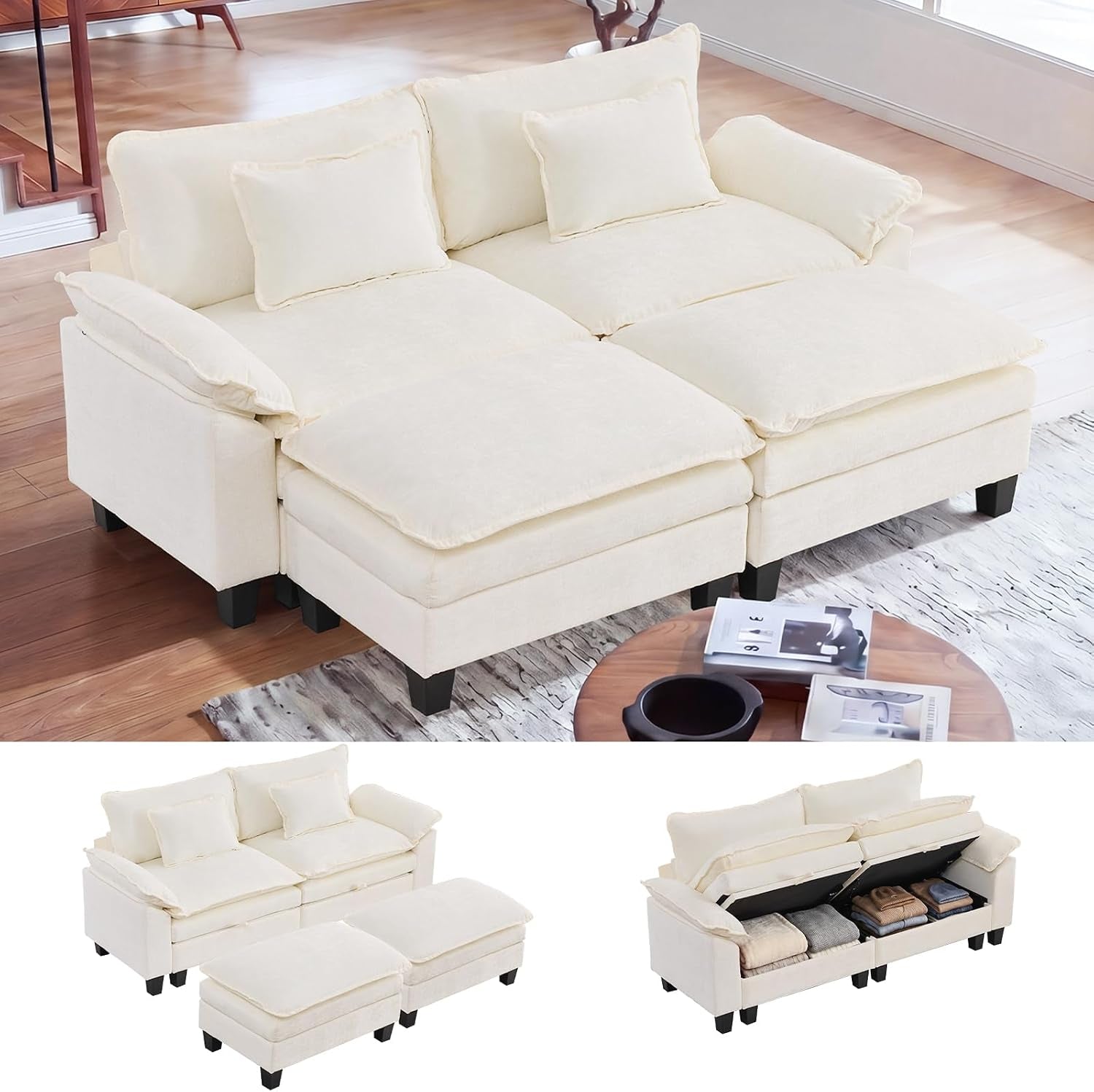 Light-cream sectional arranged as a low sleeper with two ottomans and inset view of under-seat storage open