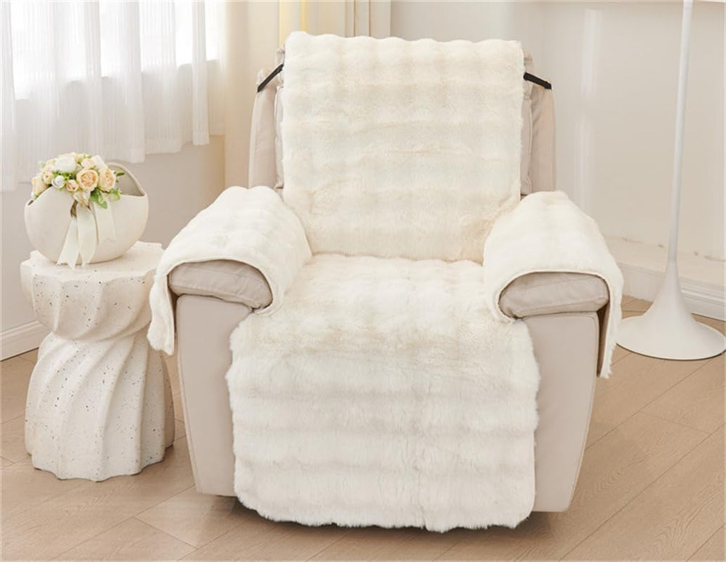 Cream faux rabbit fur recliner slipcover full front view on a beige recliner in a living room setting