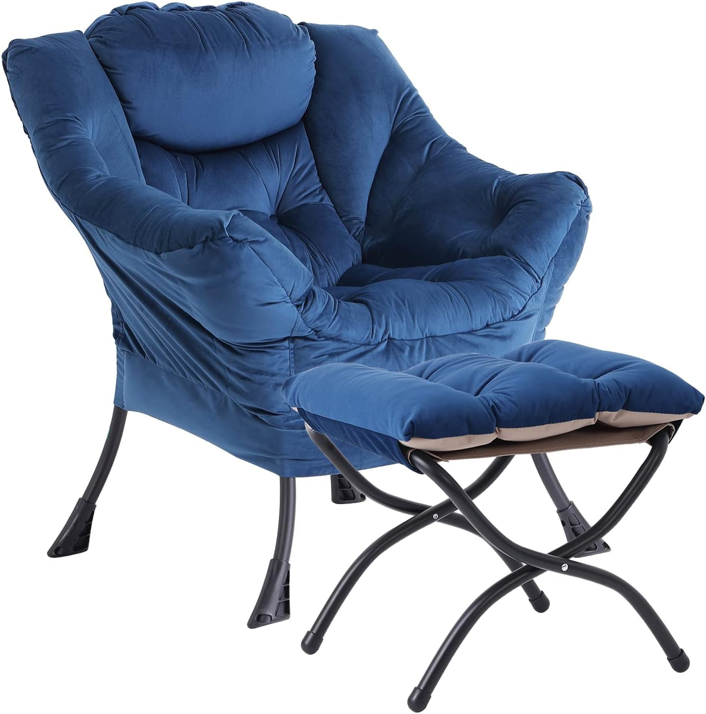 Deep blue plush padded lounge chair with matching ottoman and crossed black metal legs