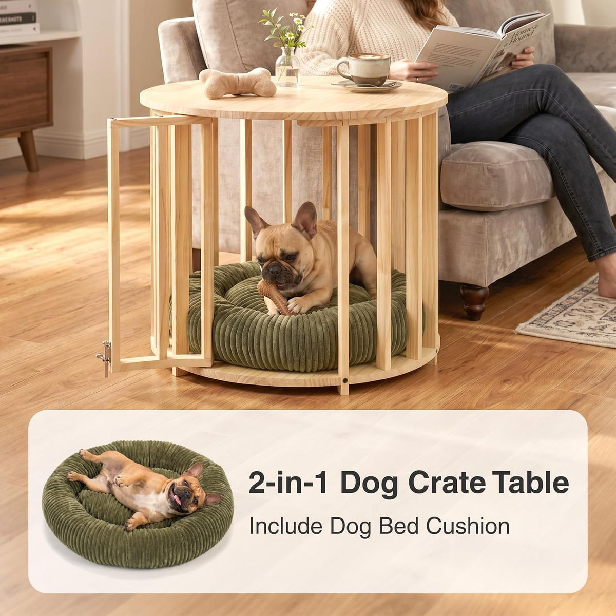 Living room view of round pine pet crate coffee table with a dog chewing a toy on a green donut bed and a person reading on a