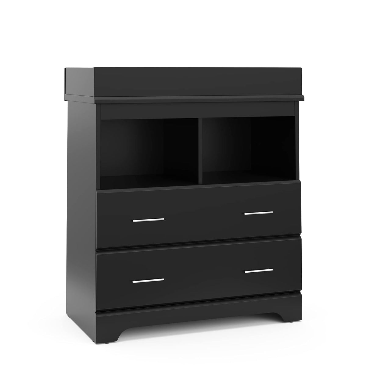 Angled front view of the black changing chest showing two open cubbies above two drawers