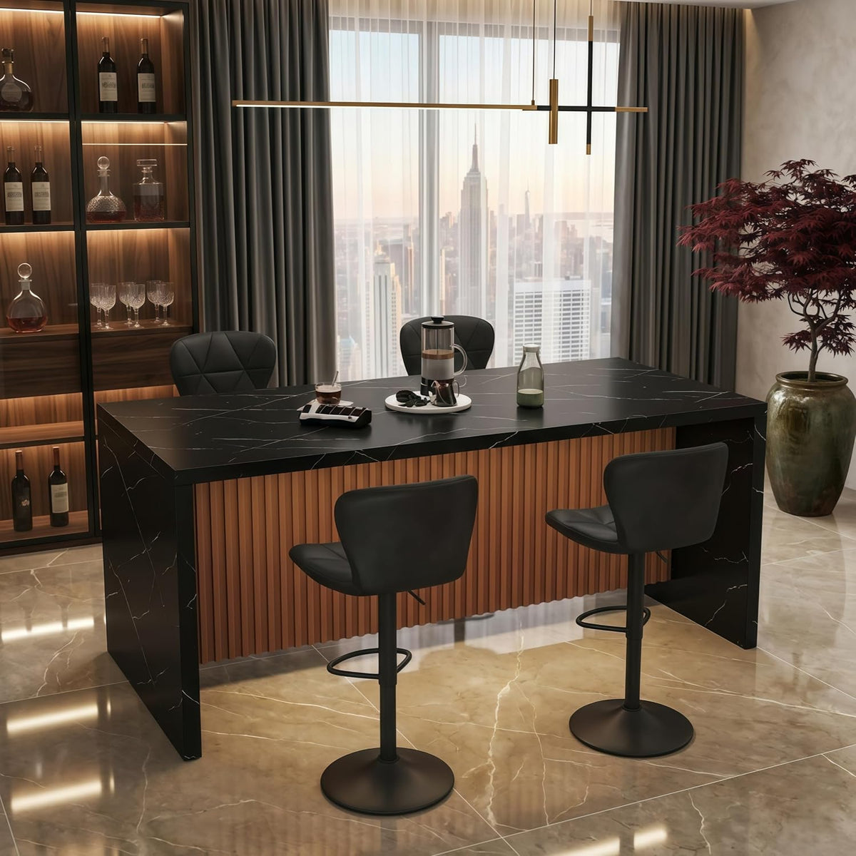 Counter-height kitchen island with black marble-effect top, vertical wood slatted front and two black bar stools.