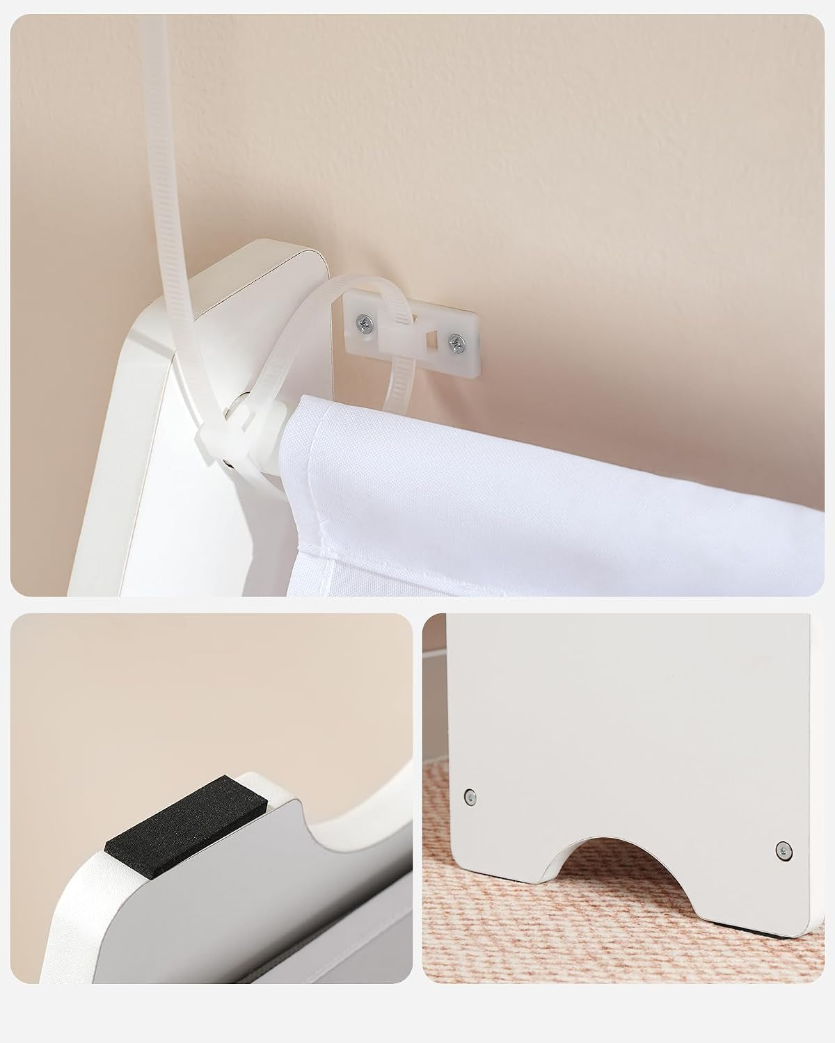 Three close details: a white anti-tip strap, a black felt pad on the top edge, and a curved foot cutout.