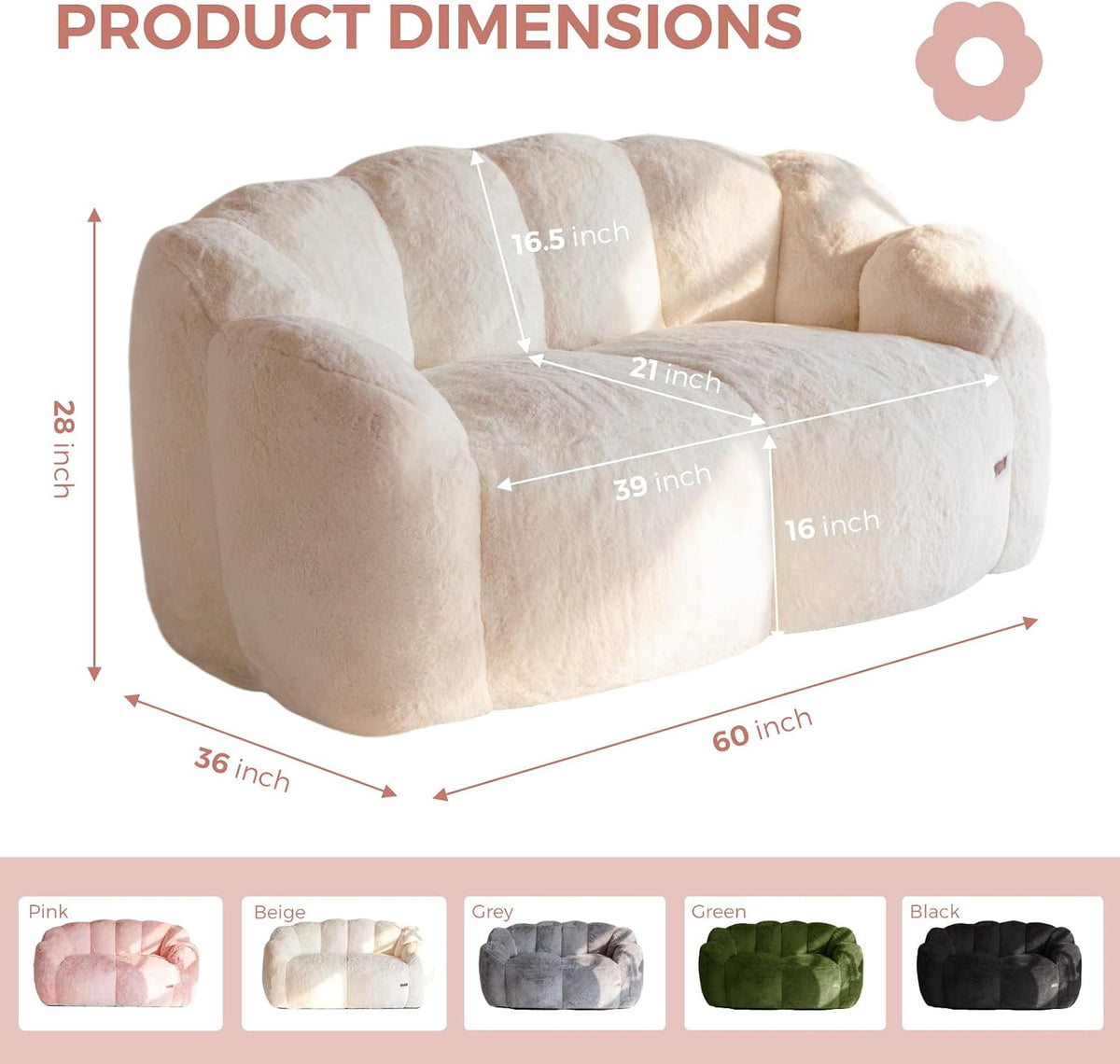 Beige floral-shaped faux fur loveseat with overlaid dimension callouts and color swatches