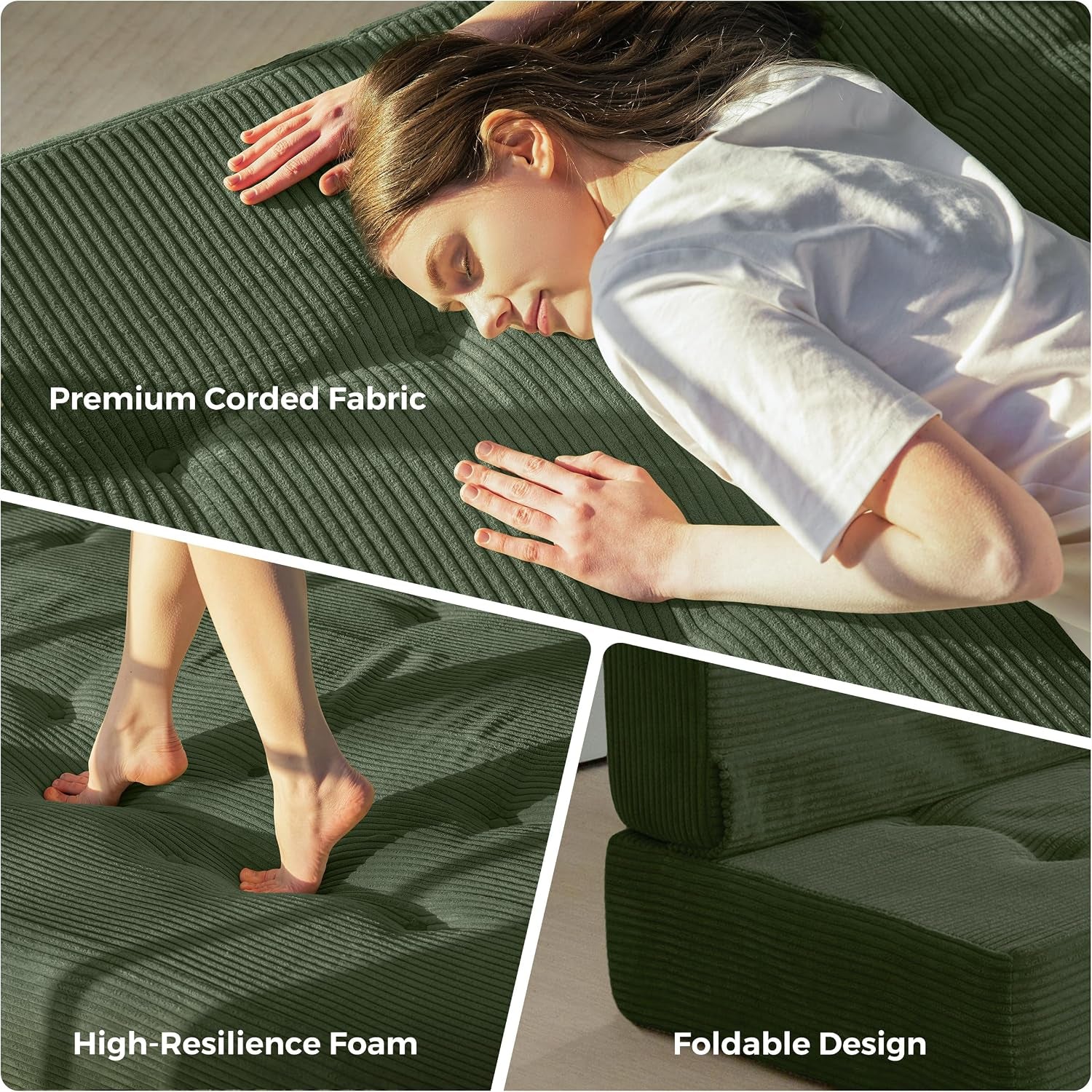 Three close-up panels of the green corded fabric mattress showing person lying, feet on tufting, and side fold