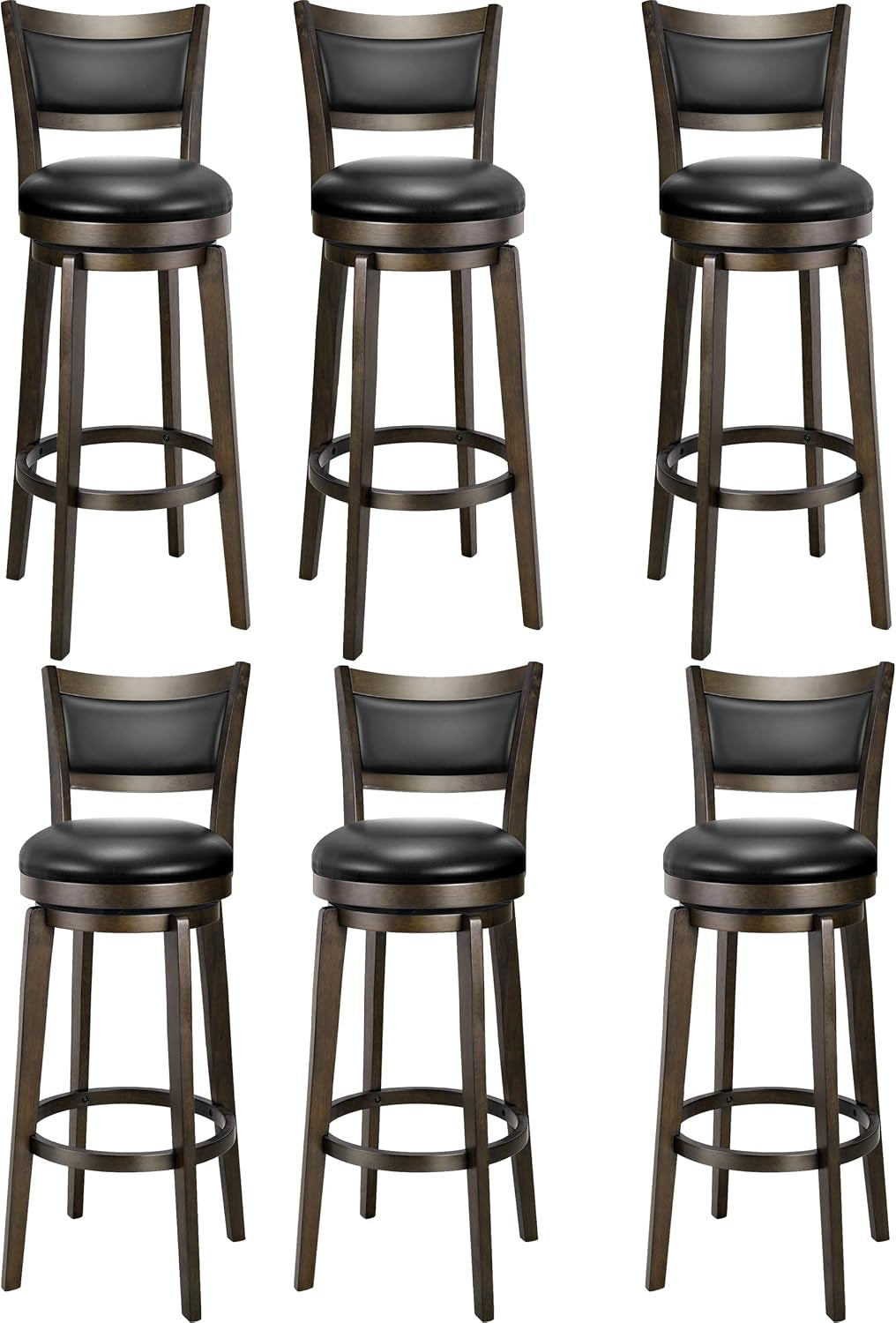 Six swivel bar stools arranged in two rows, highlighting the dark stained wood frames and cushioned black seats.