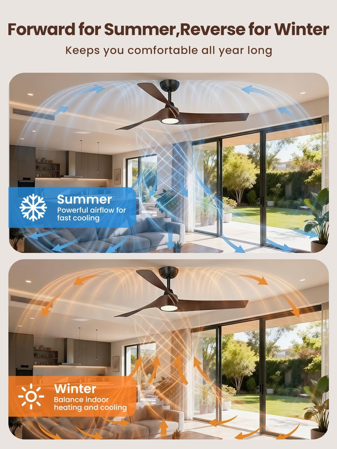 Ceiling fan in a living room with illustrated airflow arrows showing forward (summer) and reverse (winter) circulation.