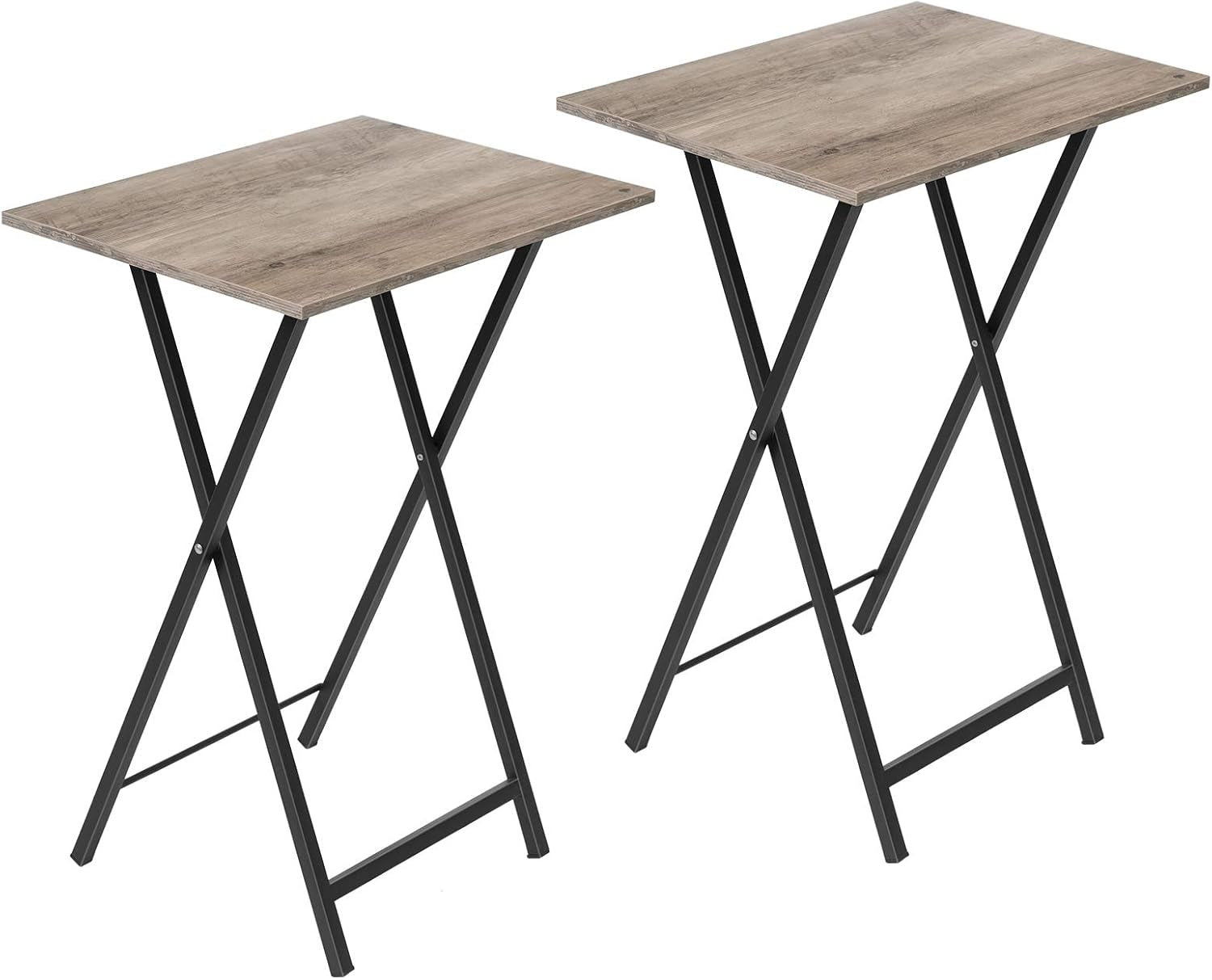 Pair of folding TV tray tables with light weathered oak tops and black metal X-legs