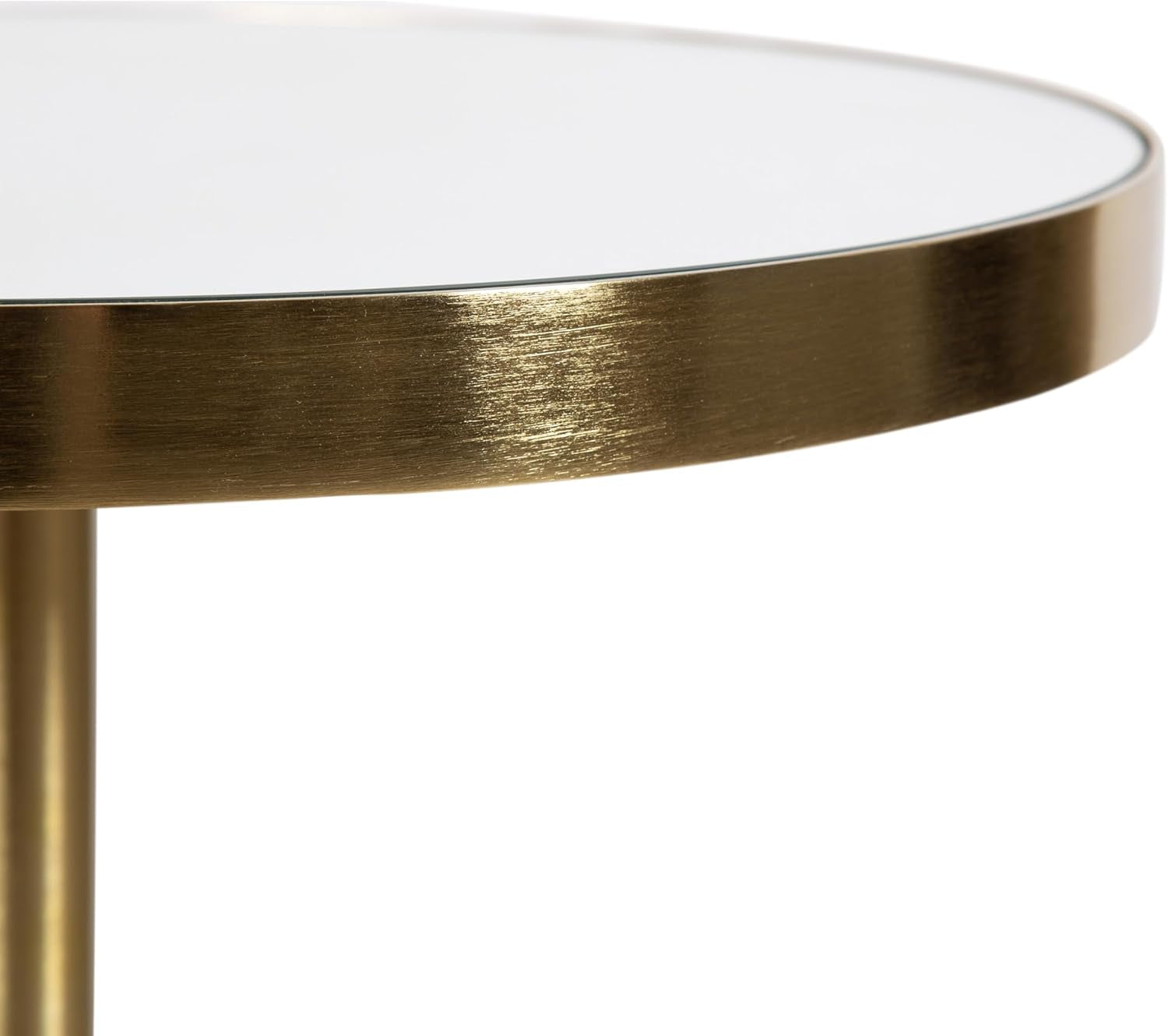 Side close-up showing the brushed metallic finish on the table rim and the slim vertical stem below.