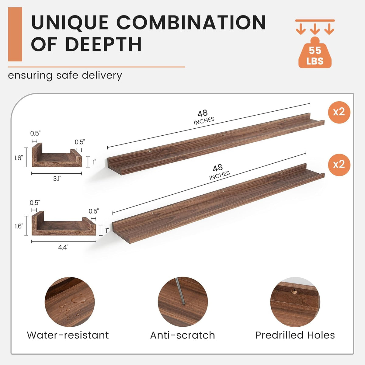 Illustrated diagram showing two lengths of wood-look ledges with dimension callouts and feature icons.