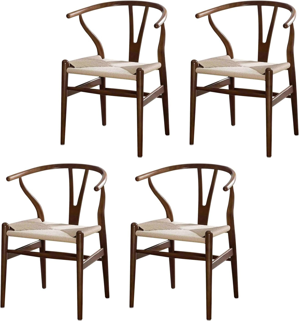 Four brown ash wood wishbone-style dining chairs with woven seats on a white background.