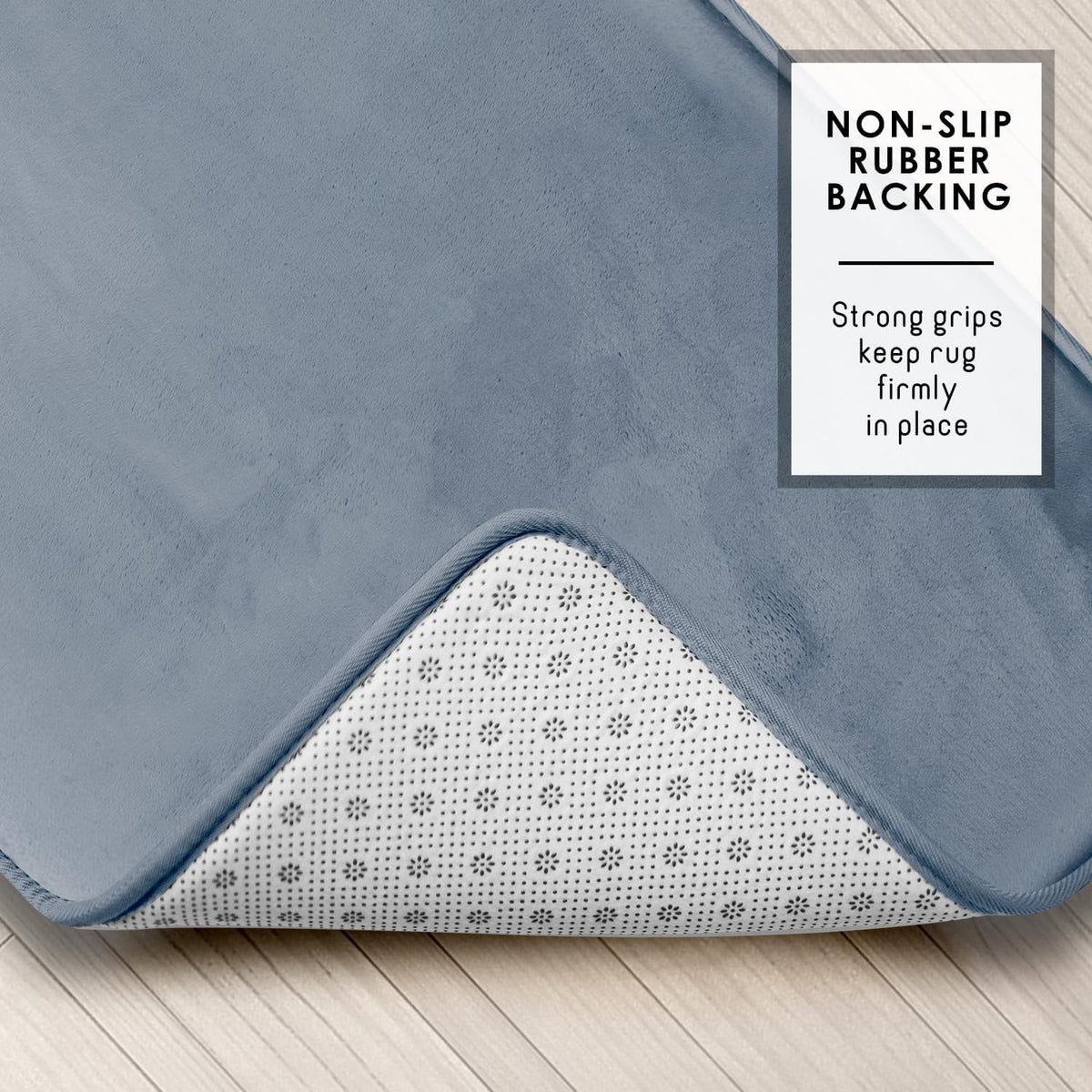 Close-up of stone blue velvet top with PVC-dotted non-slip backing visible at the corner