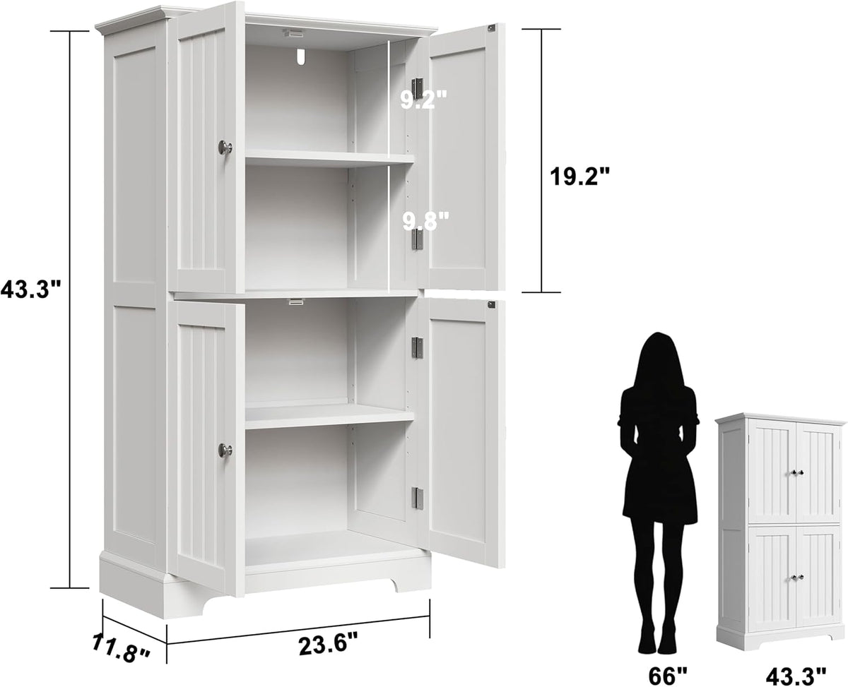 Interior view with open upper and lower doors showing adjustable shelves and dimensions overlay