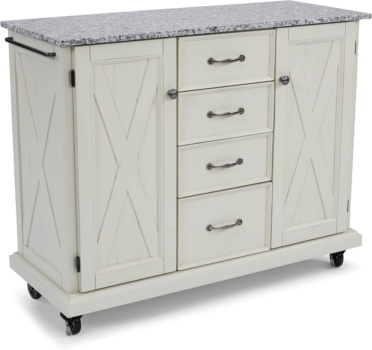 Close-up front view of off-white island showing four center drawers, paneled doors and antiqued nickel hardware