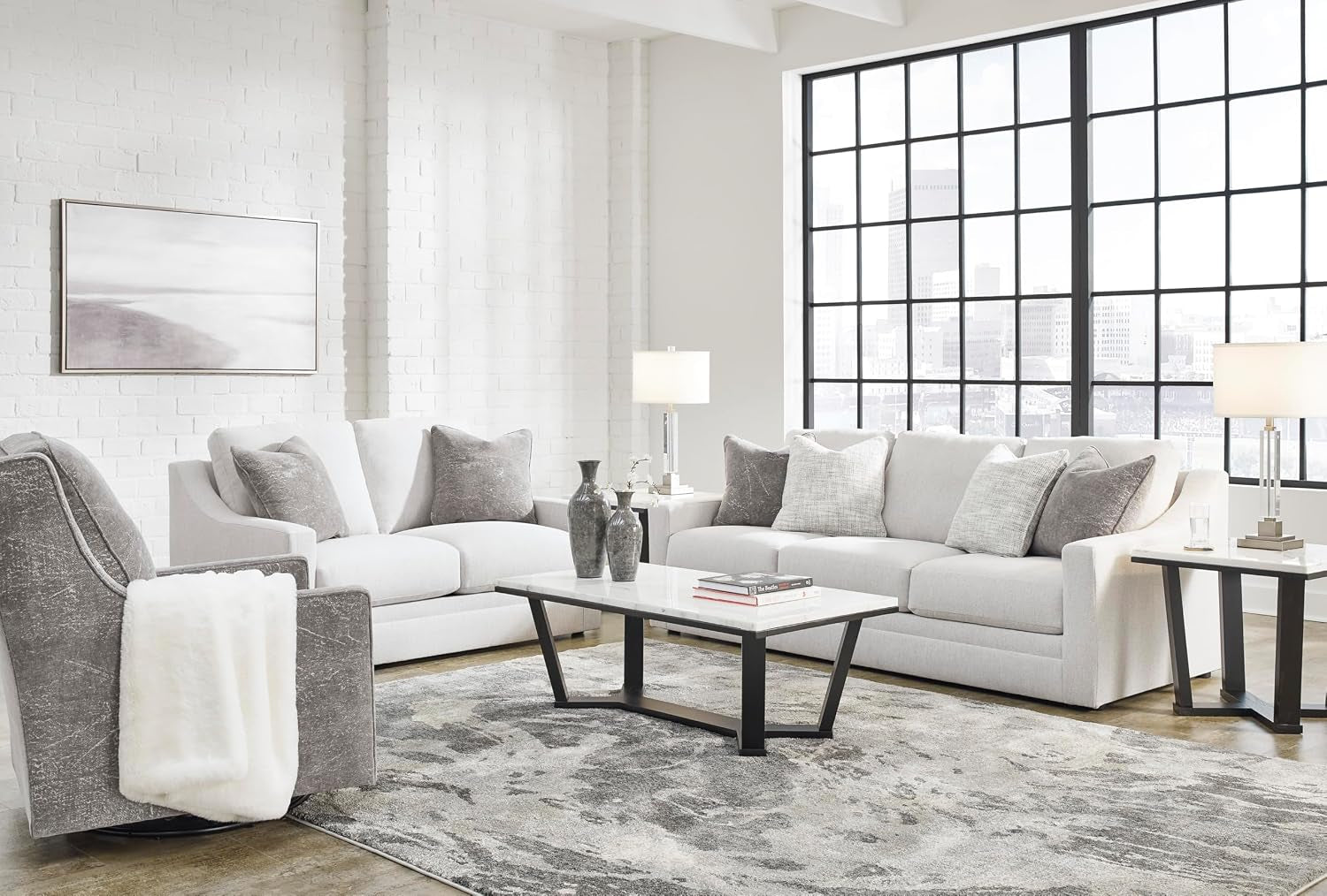Signature Design by Ashley Maitelynn Sofa, No Assembly Required 88 Inch Contemporary 3 Seater Couch, Sag-Resistant Springless Platform Foundation for Living Room, Light Gray Chalk