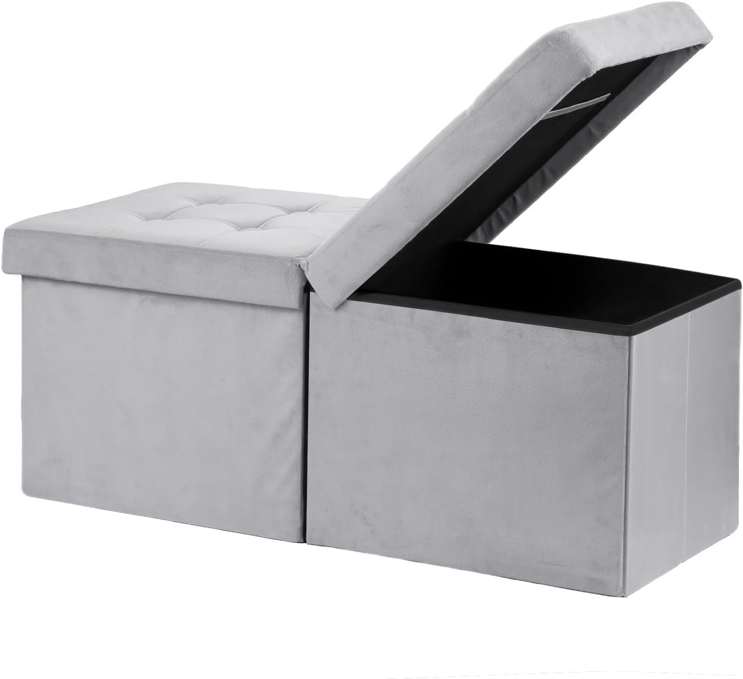 Light gray tufted folding storage ottoman bench with one lid open revealing black interior