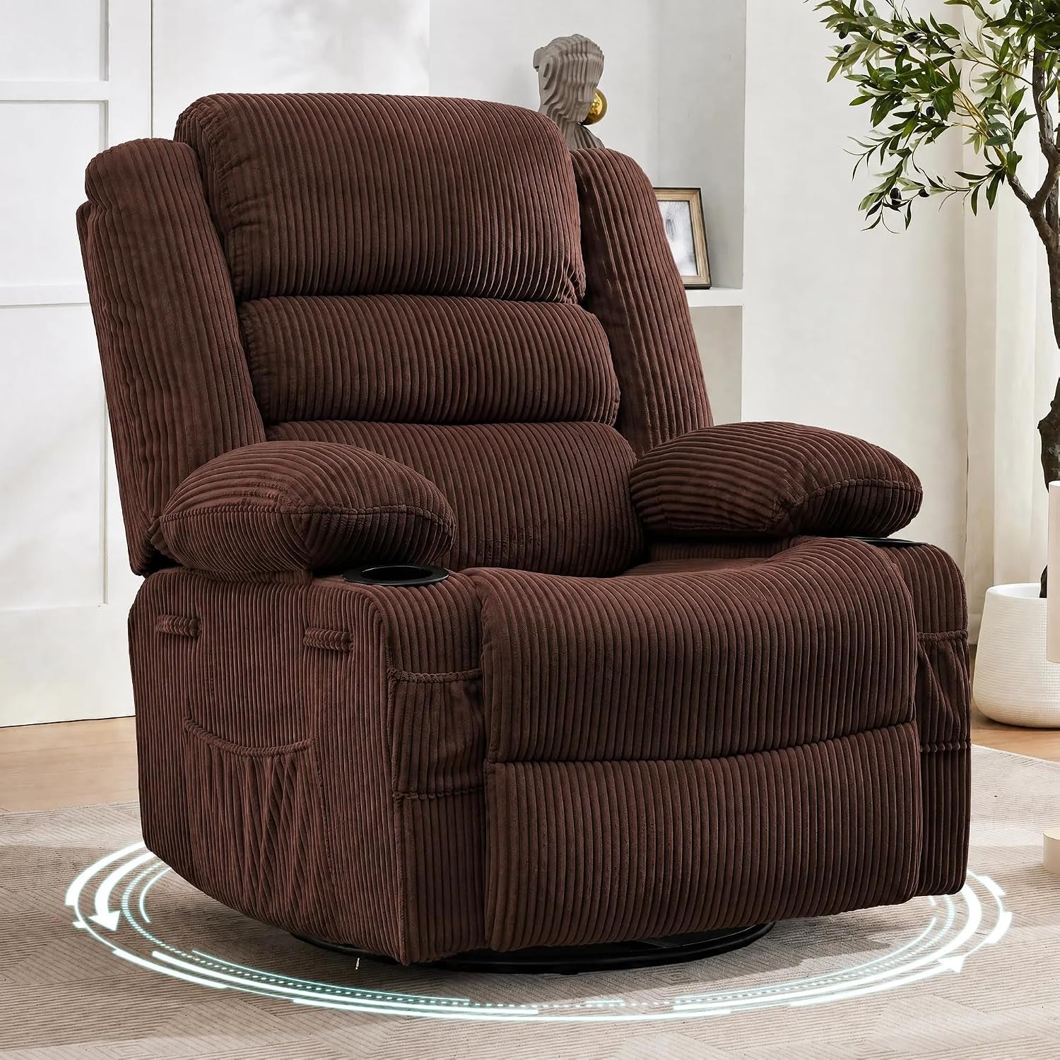 Chocolate-brown corduroy recliner angled to show padded arms, side storage pocket, and circular swivel base.