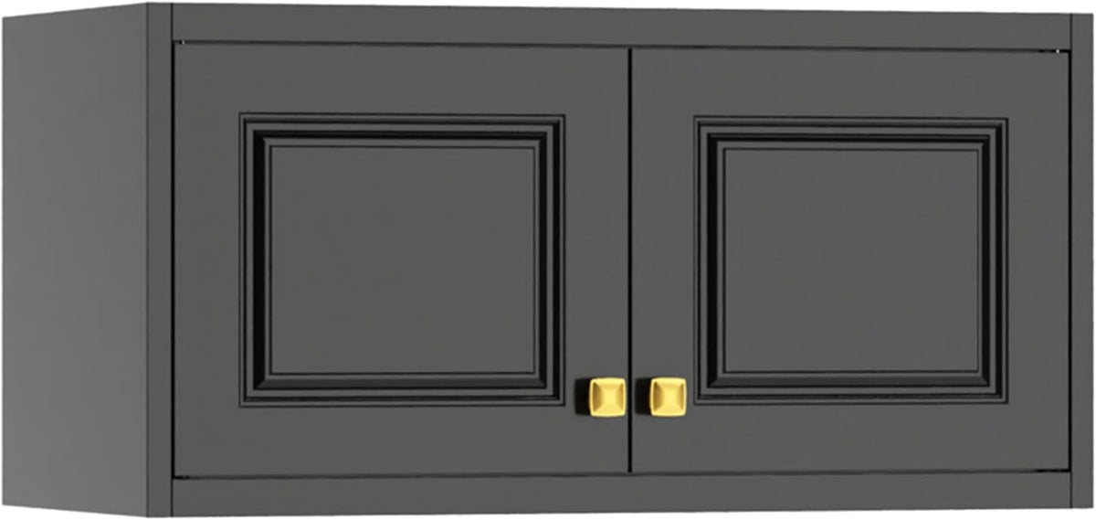 Dark gray cabinet top with two recessed panel doors and small square gold knobs