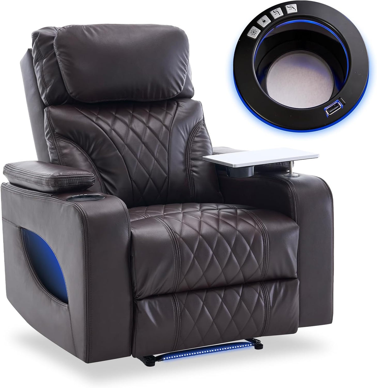 Brown PU leather home theater recliner front-angled view showing diamond-quilted seat and LED-lit cup holder