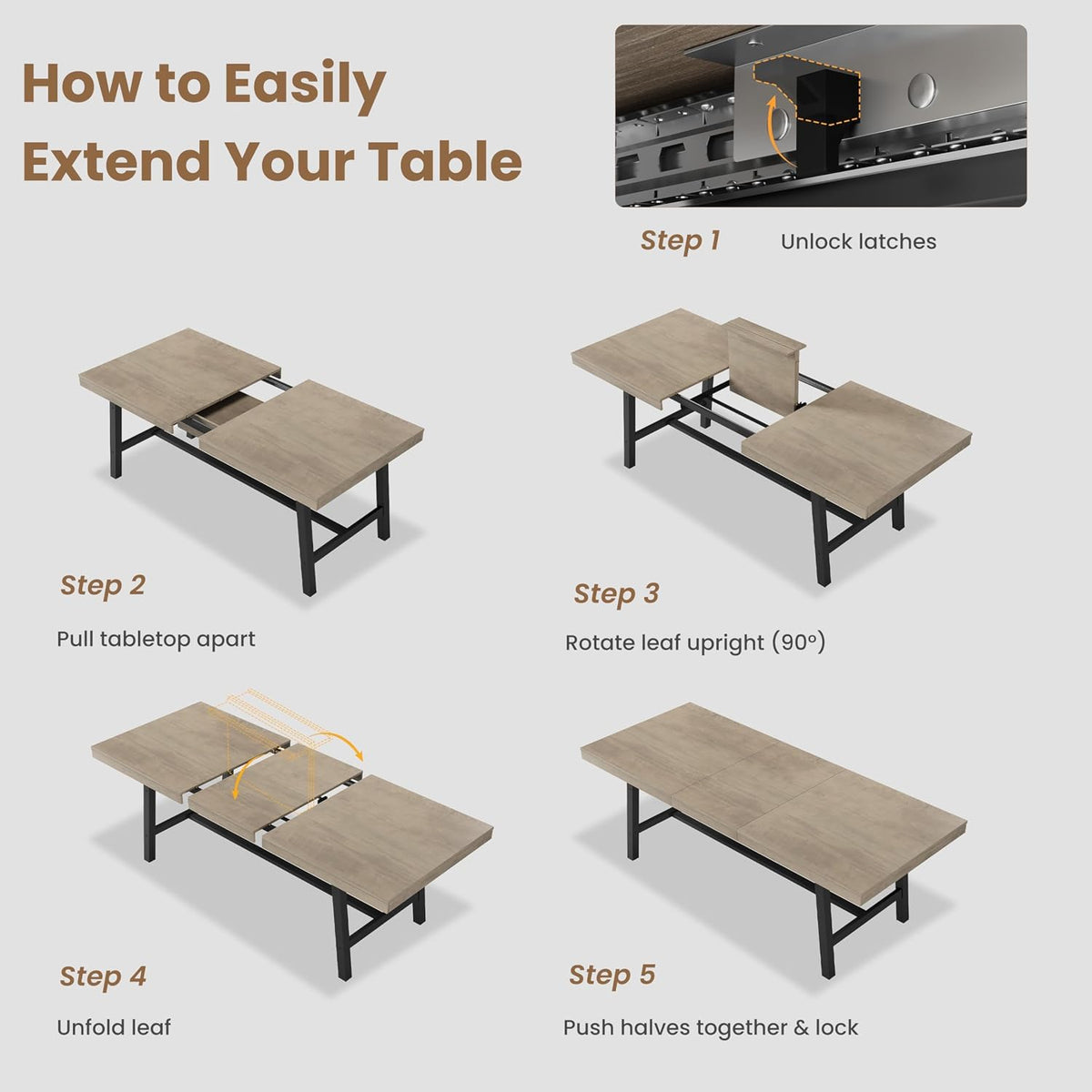 Four-step illustrated sequence showing unlock, pull tabletop apart, rotate leaf upright, unfold leaf and push halves