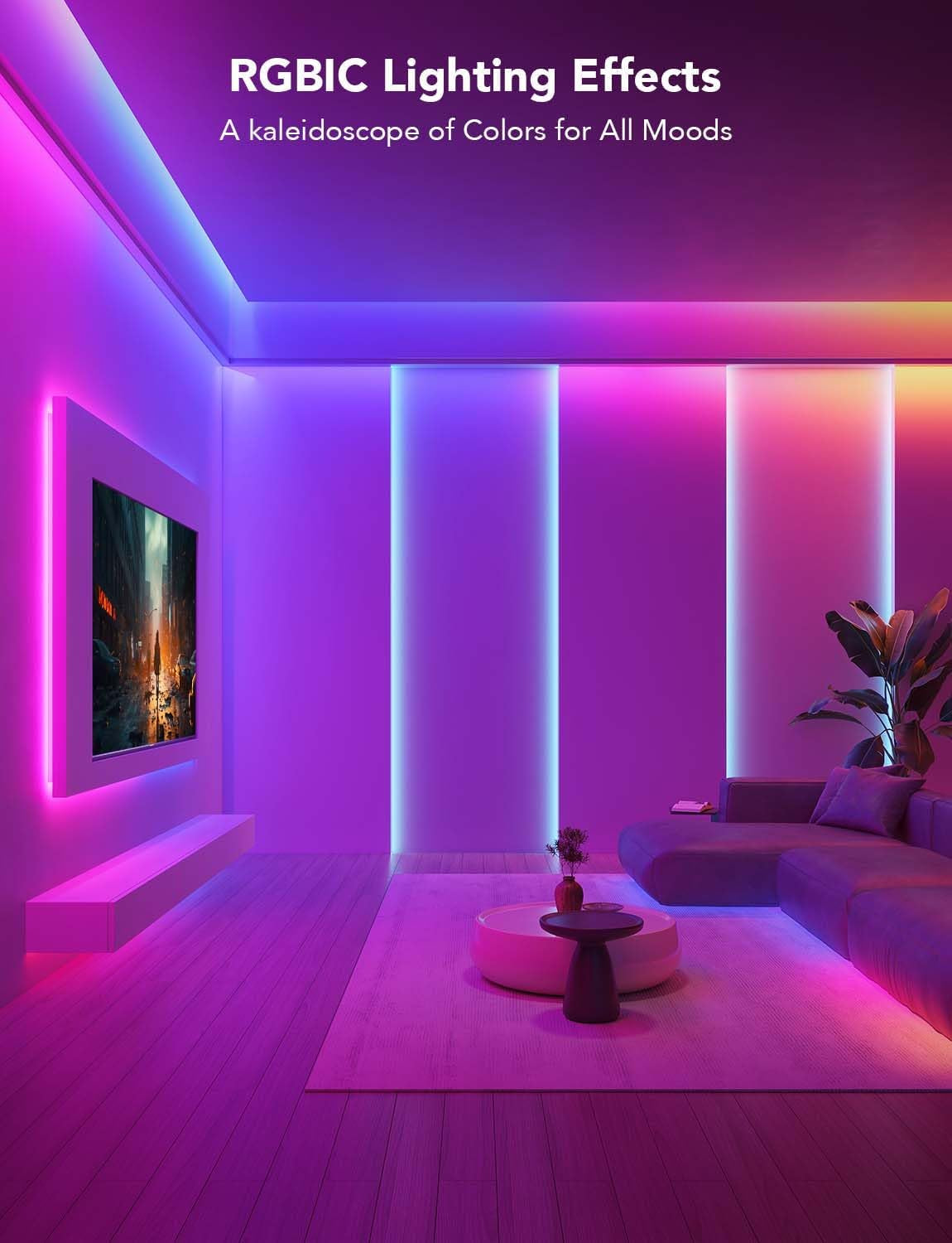 Modern living room with recessed ceiling and vertical wall panels lit in gradient RGBIC hues, sofa and TV visible