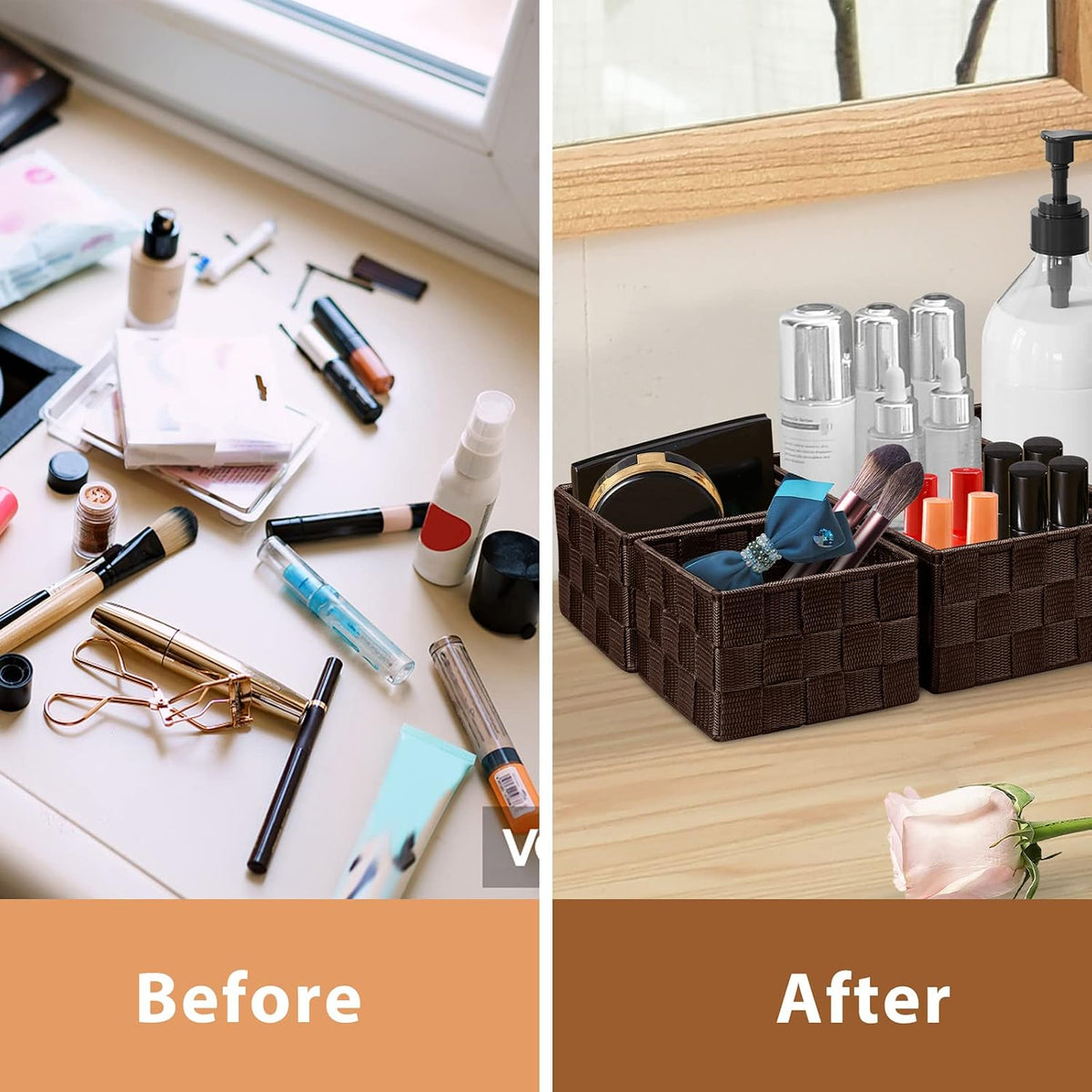 Two-panel scene showing scattered cosmetics on left and two small brown woven baskets holding brushes and bottles on right