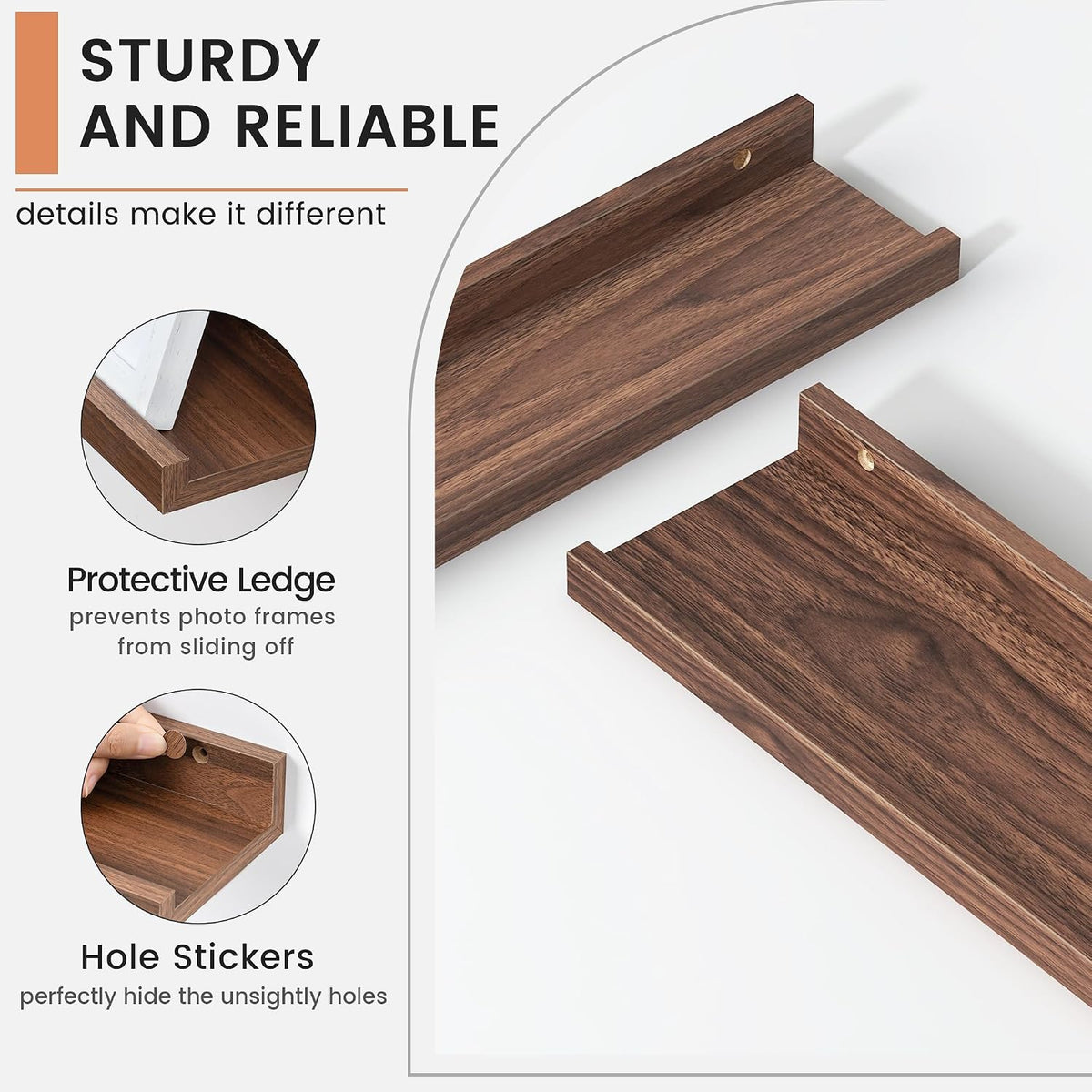 Close-up of wood ledge ends showing protective front lip and a predrilled mounting hole with cover sticker