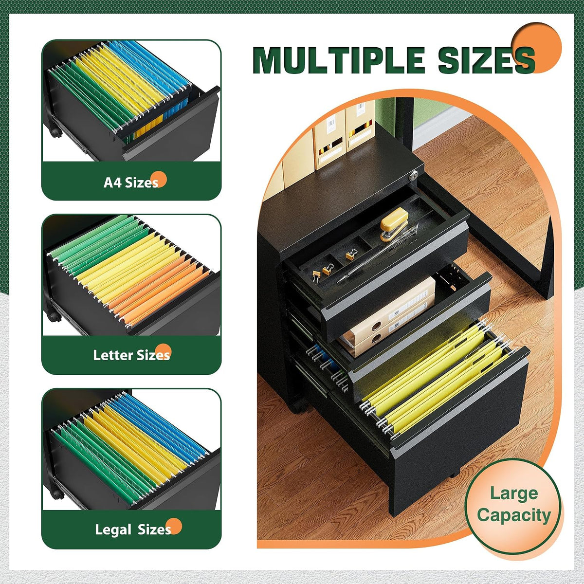 Open drawers showing hanging file folders organized for letter, A4 and legal sizes