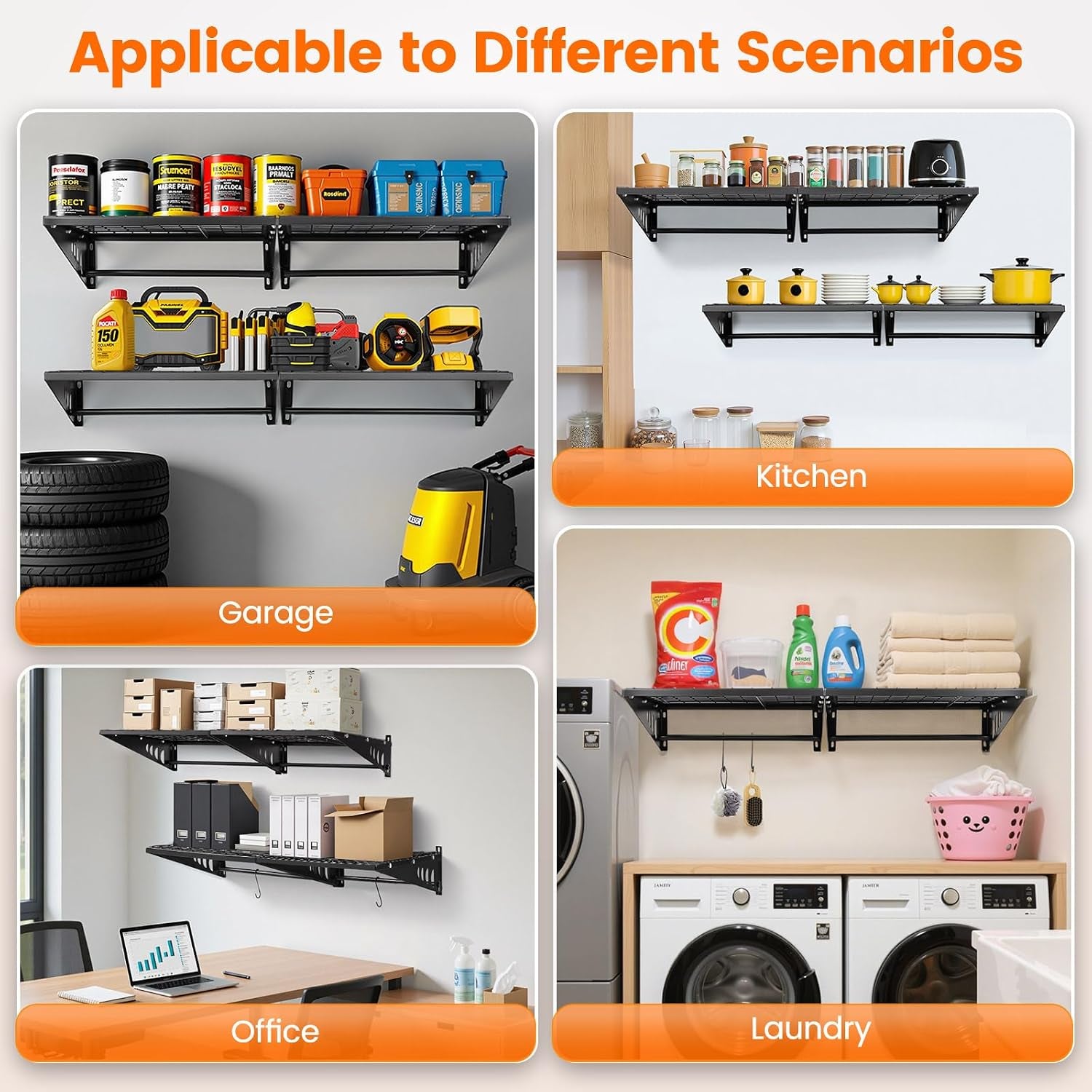 Four-panel collage showing black metal wall shelves used in garage, kitchen, office, and laundry settings.