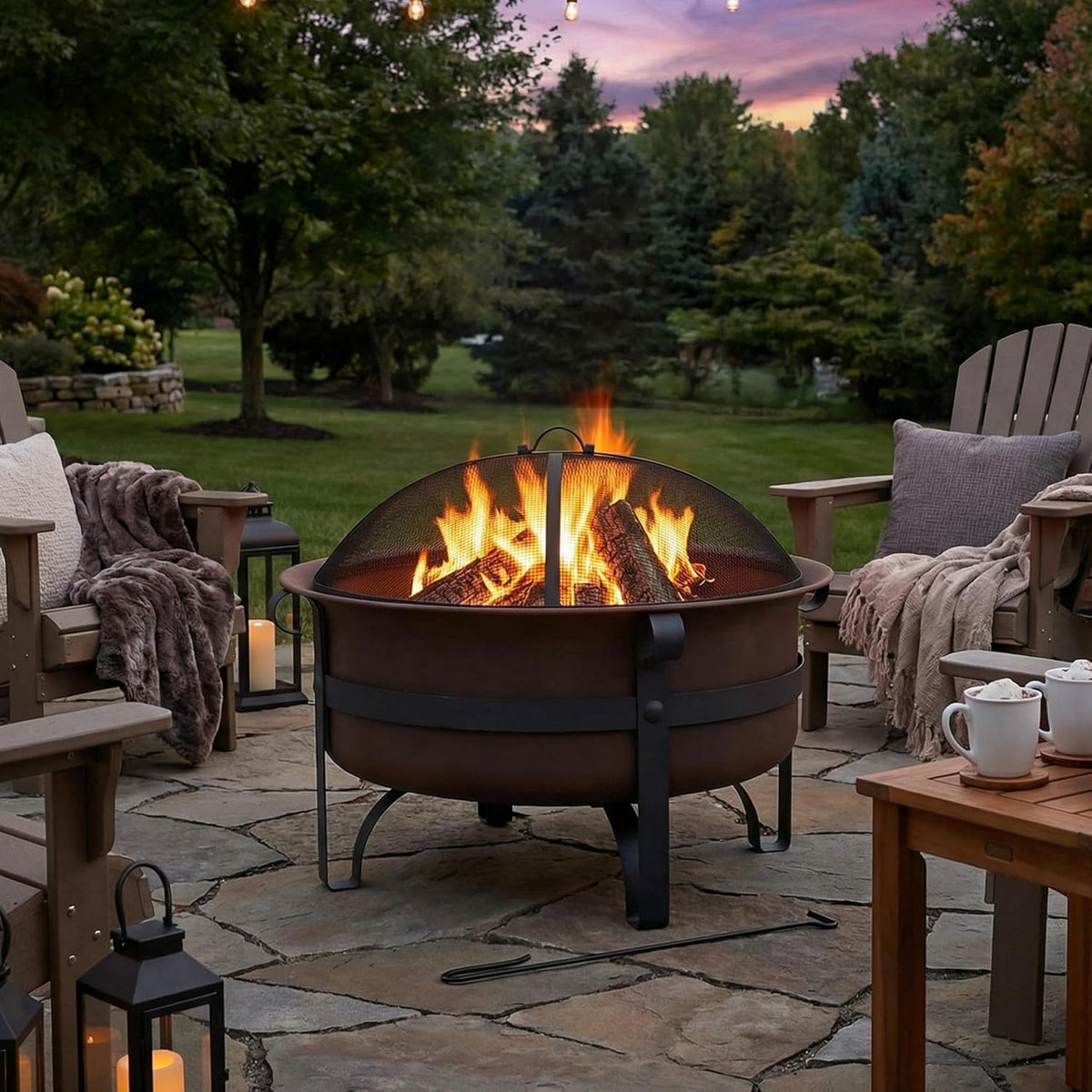 Close dusk view of the fire pit with flames through the dome screen and lawn and trees beyond