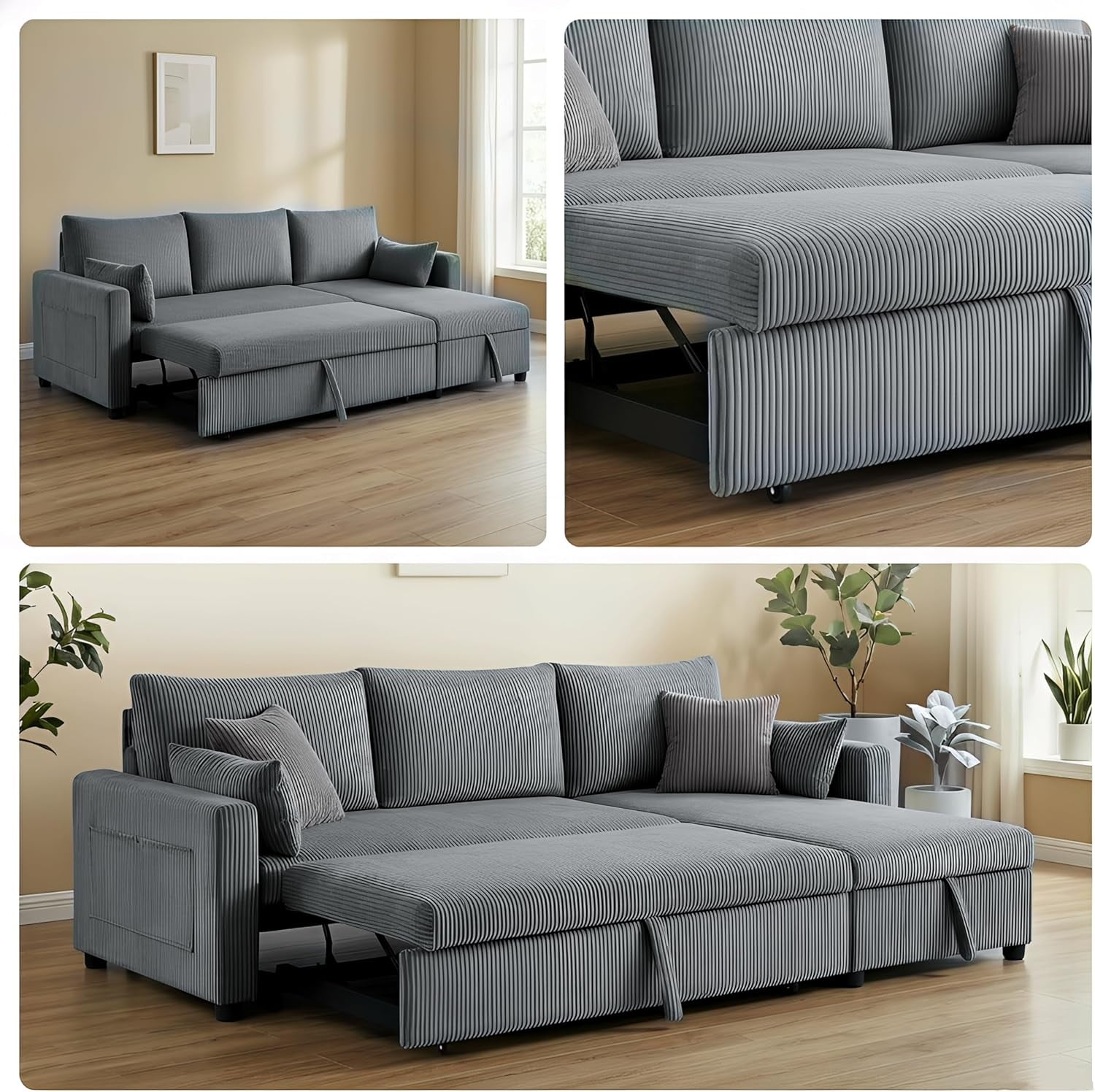 Gray corduroy convertible sectional sleeper shown pulled out into a bed in a bright room.