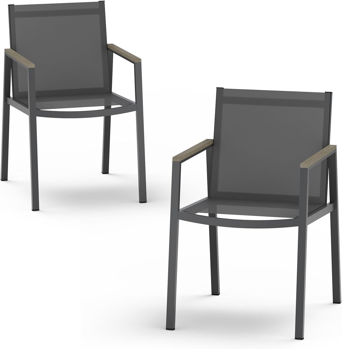 Two dark gray outdoor chairs with mesh seats and wood-look arm caps on a white background.