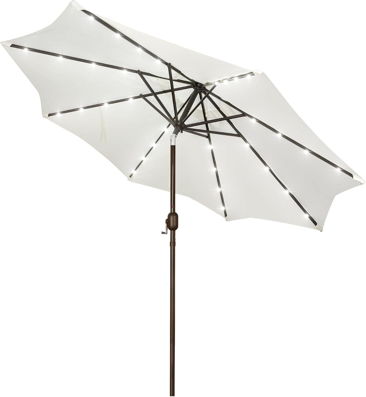 Studio image of a white patio umbrella open on a plain background with LED lights visible along ribs.