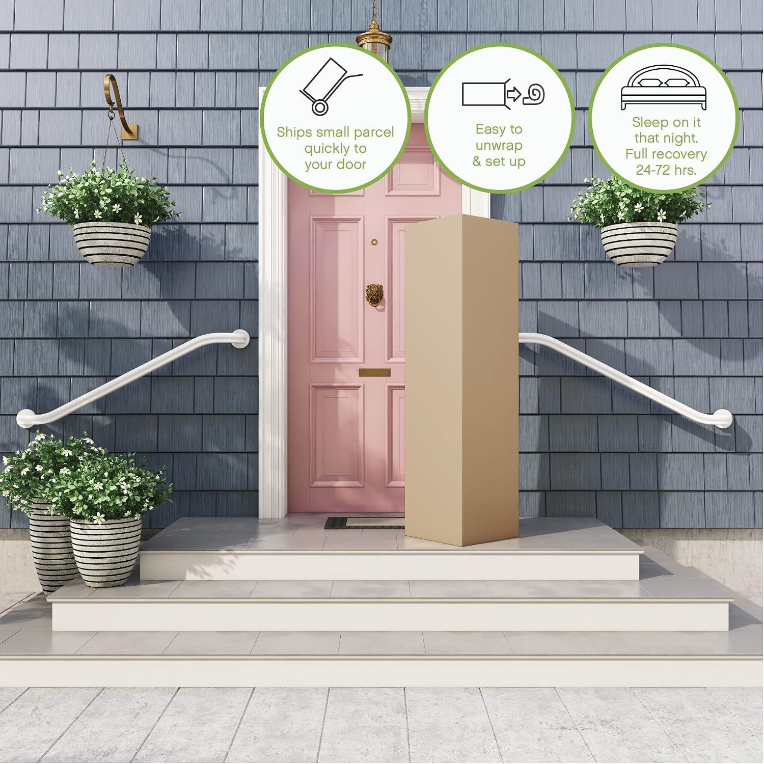Tall cardboard box standing on the steps of a house with a pink front door and hanging planters.