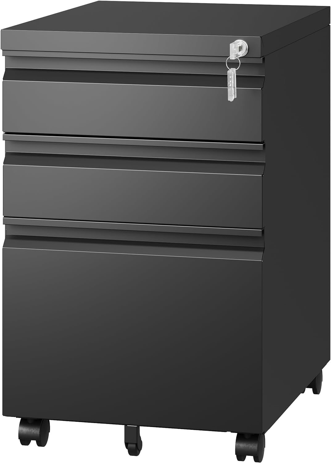 Black 3-drawer mobile file cabinet front view with key in top lock and casters